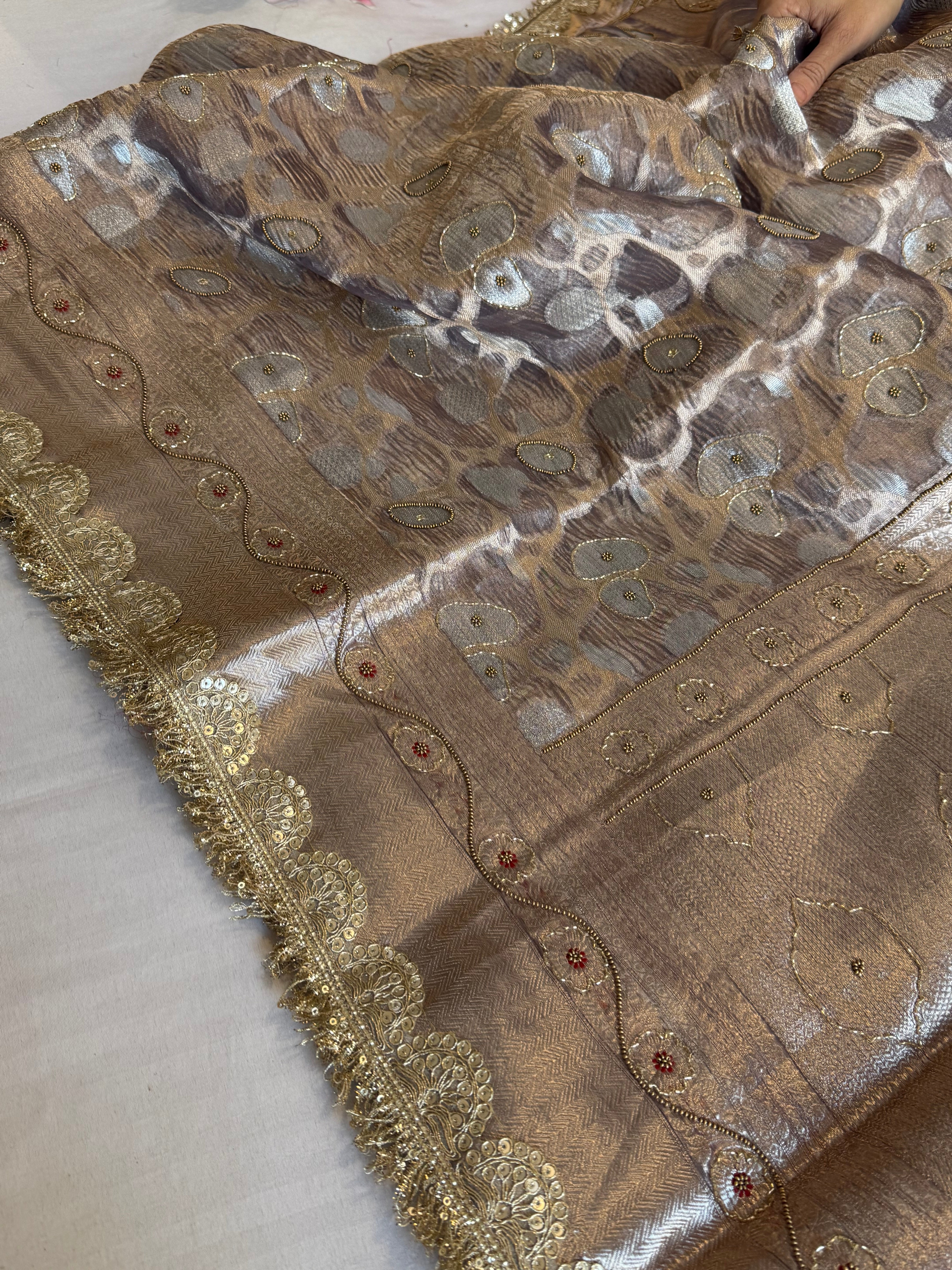 Mehfil sona rupa crushed tissue silk hand embroidered kadhwa saree