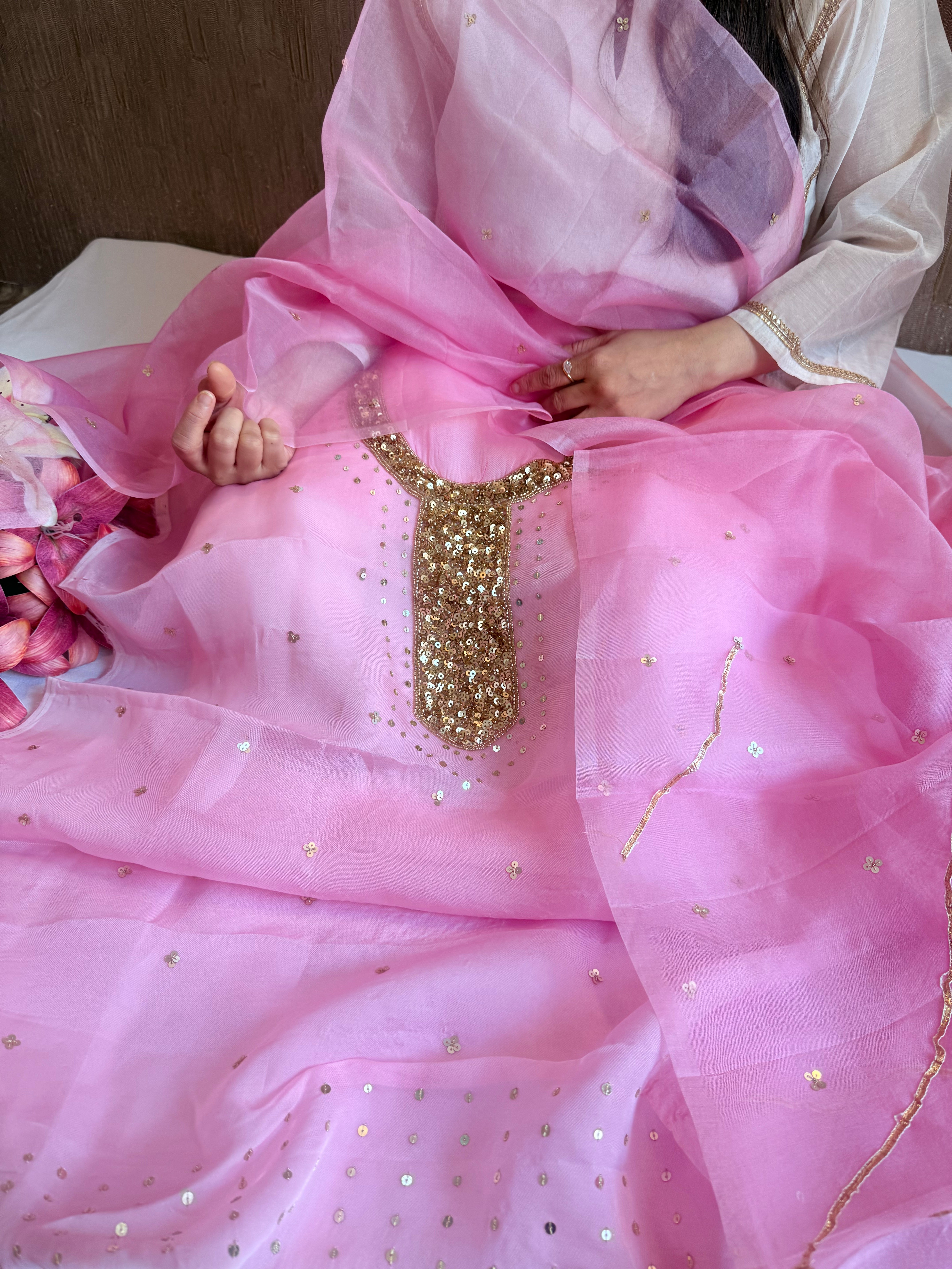 Blush lotus pink kora silk hand embroidered kadhwa suit set