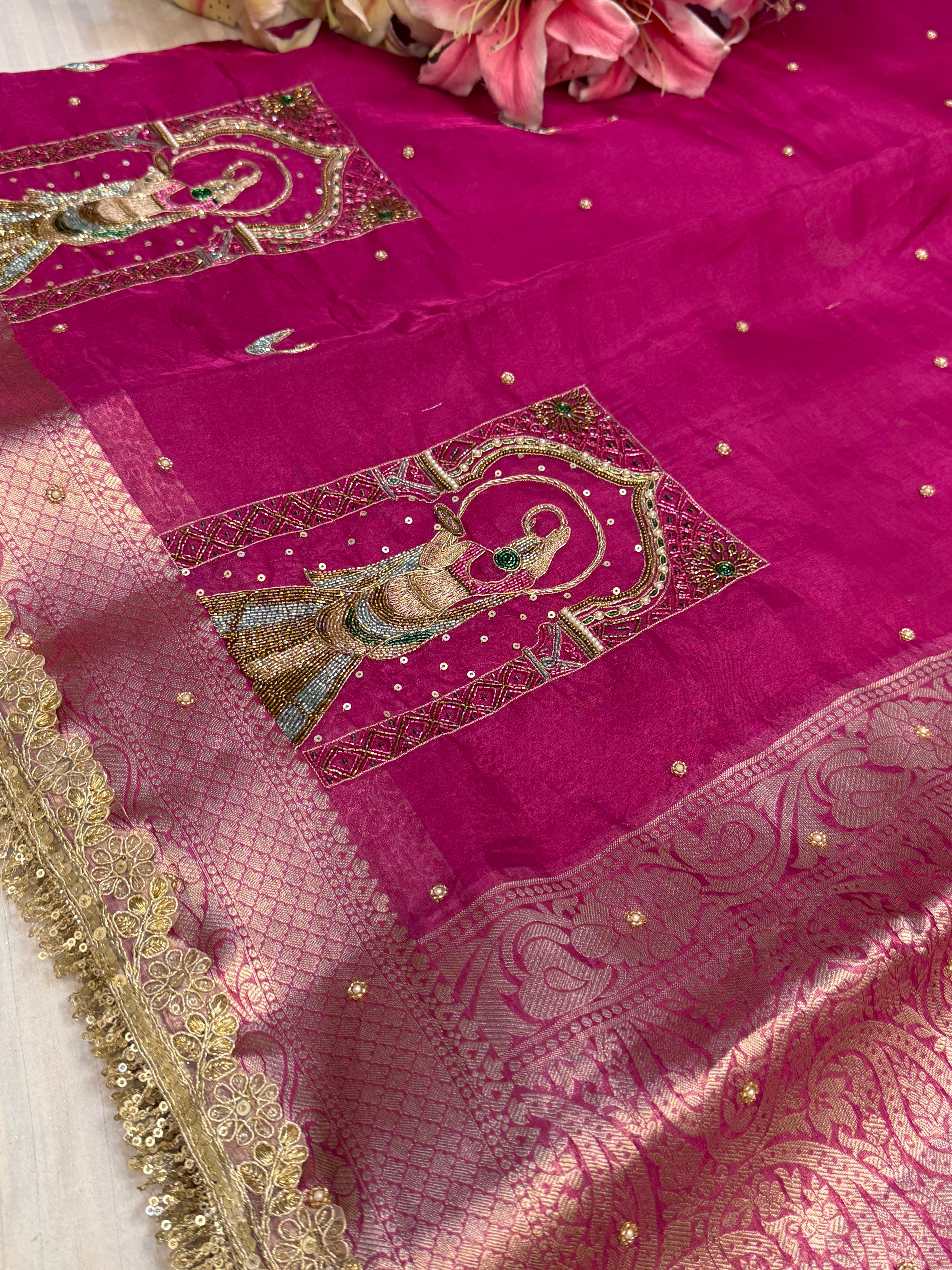 Karwachauth special - Hot metallic pink tissue silk hand embroidered kadhwa saree