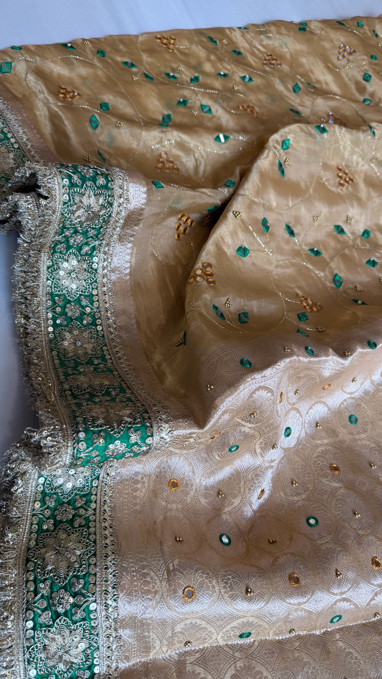 Sheesham edit - Heavy double tissue silk mirror work hand embroidered saree