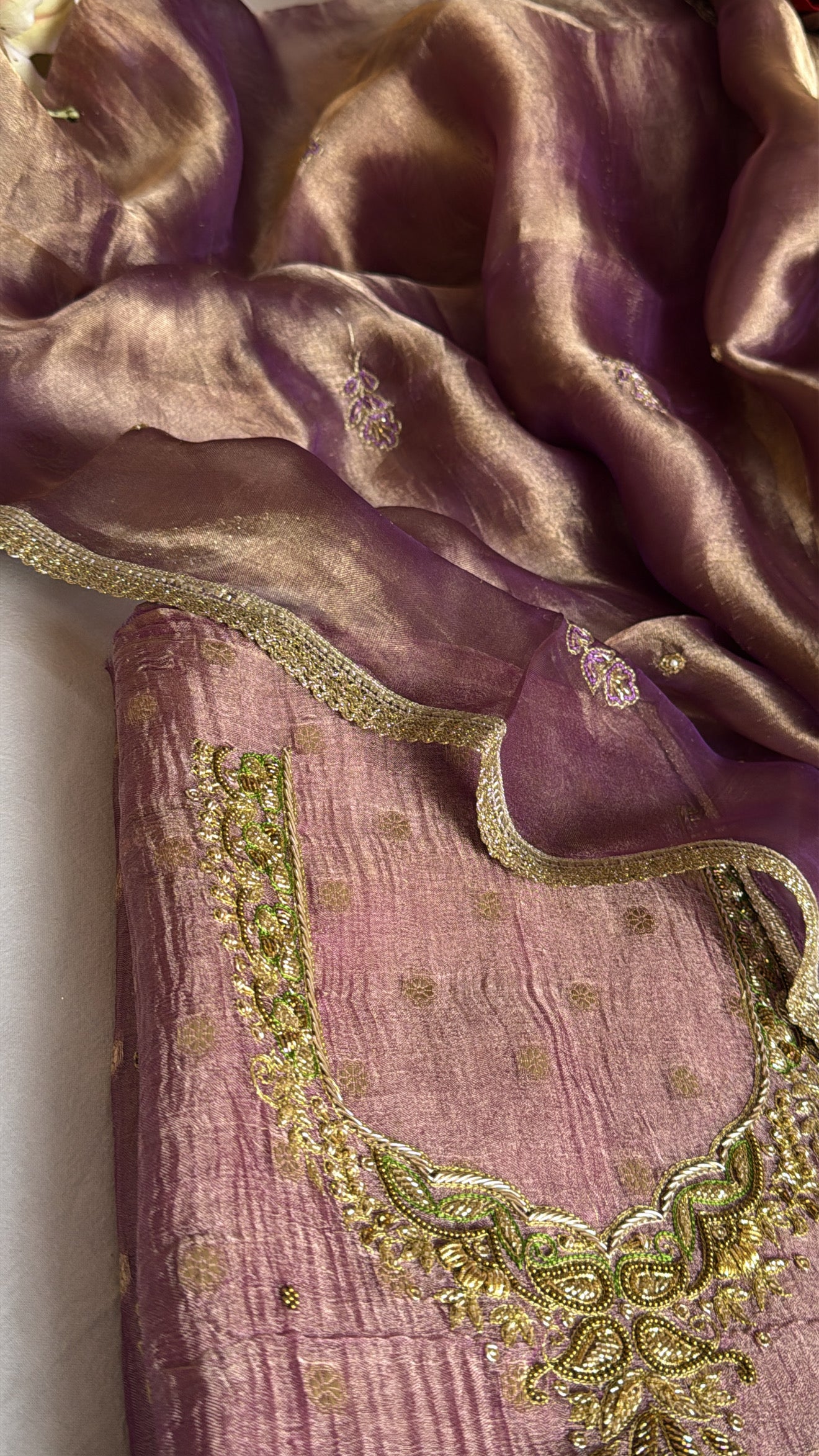 Dusty lilac tissue silk hand embroidered heeramandi kadhwa suit set