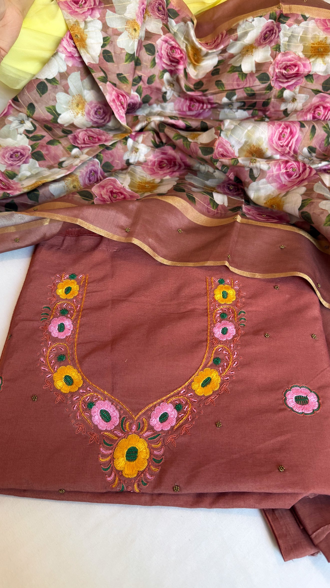 Brick peach resham hand embroidered mul cotton suit set