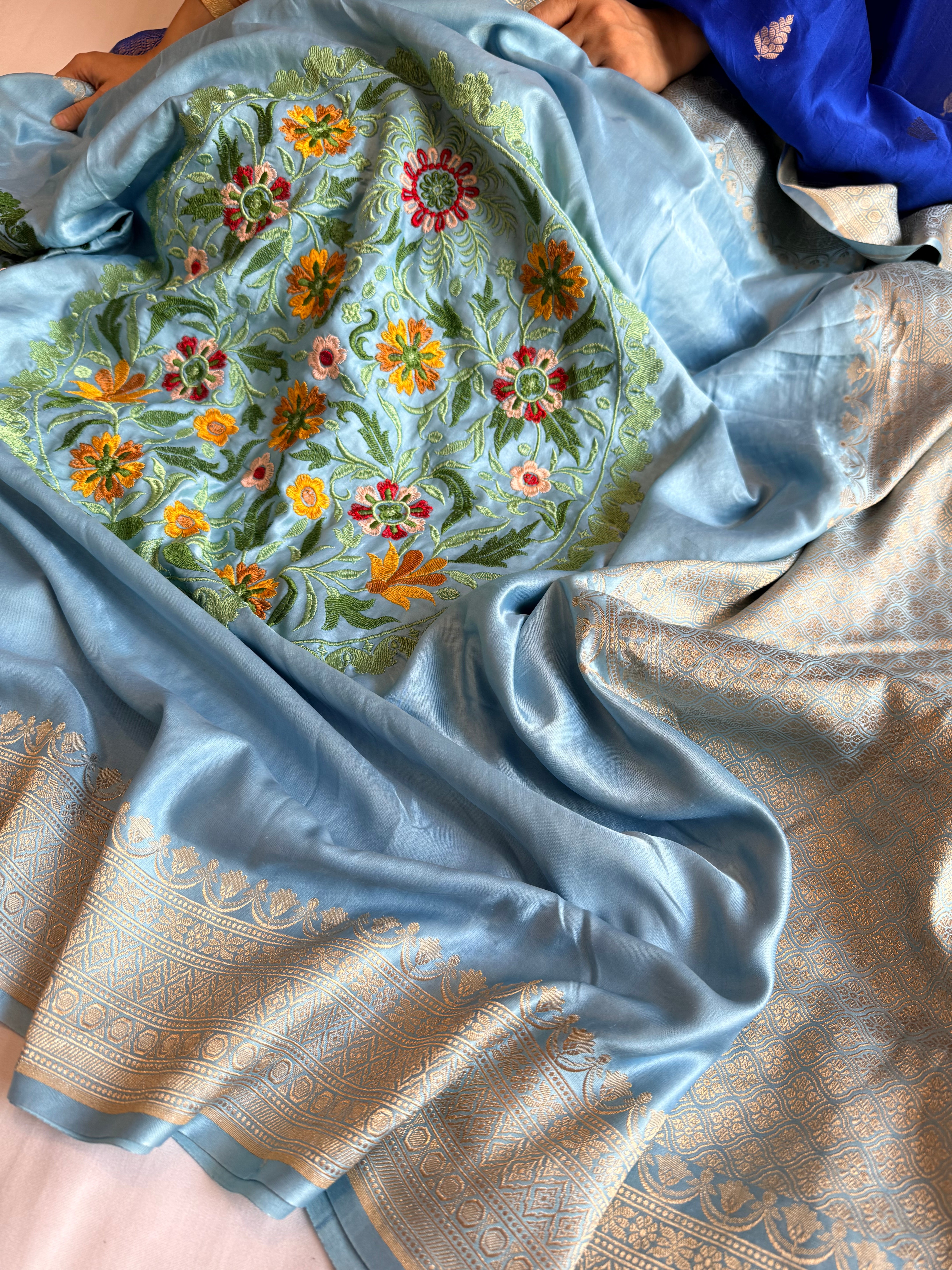 Ice blue banarasi mashru silk hand embroidered parsi gara work kadhwa saree