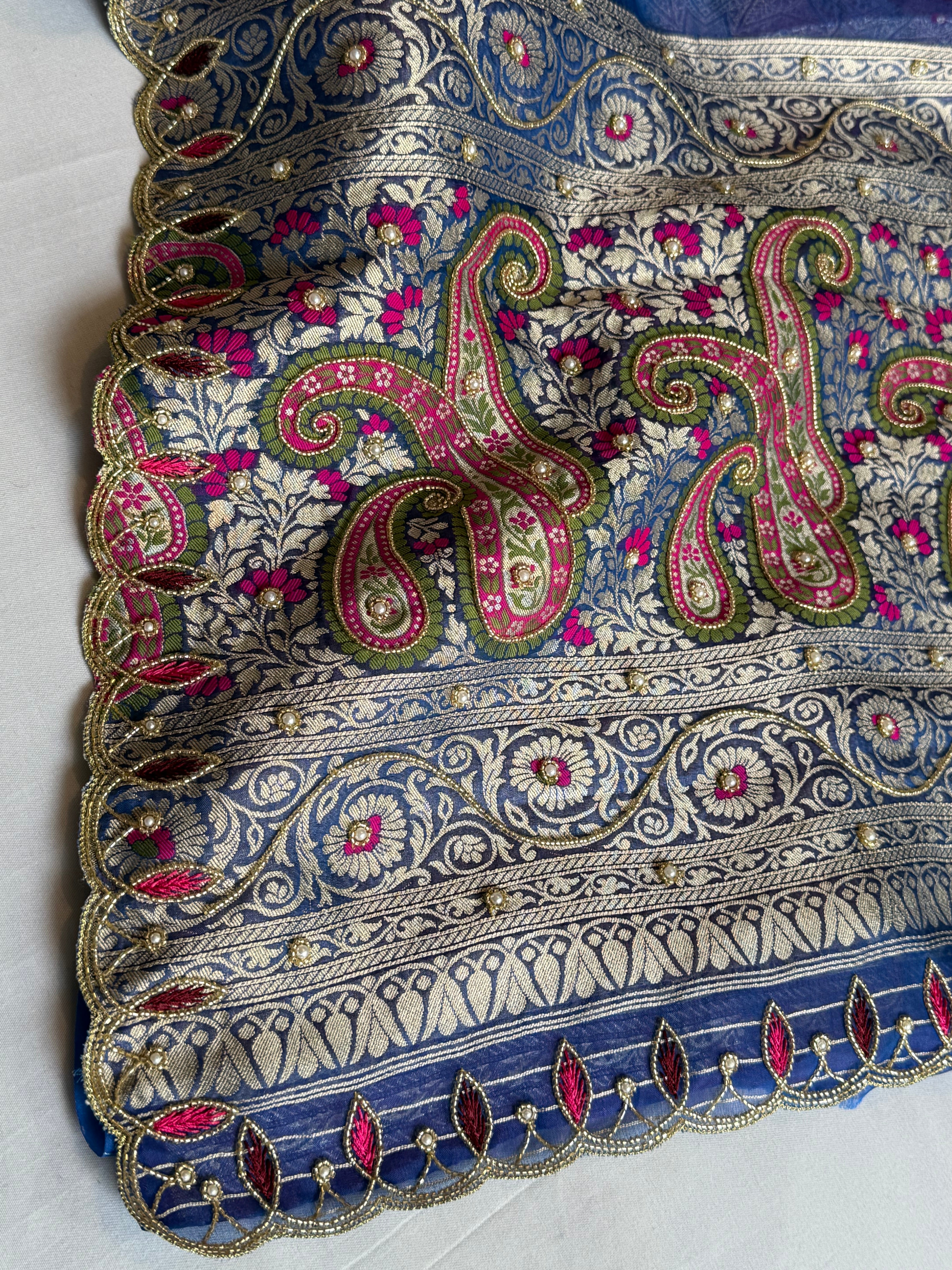 Electric midnight blue dhup chao effect meenakari tissue tanchoi jamevar pallu hand embroidered saree