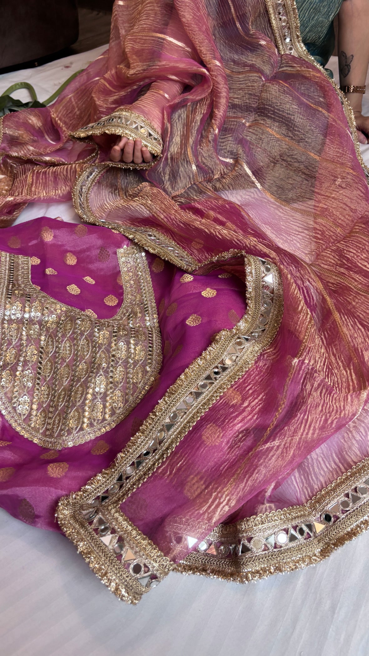 Hot pink heeramandi crushed tissue silk suit set