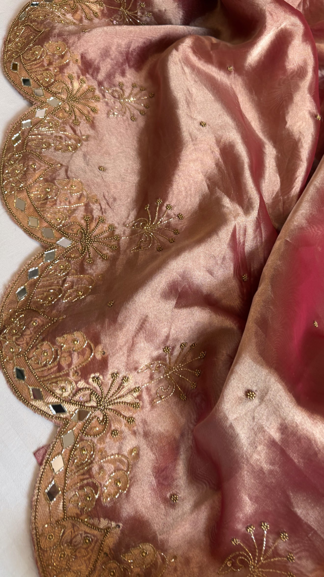 Husn cherry pink tissue silk heavy hand embroidered kadhwa saree
