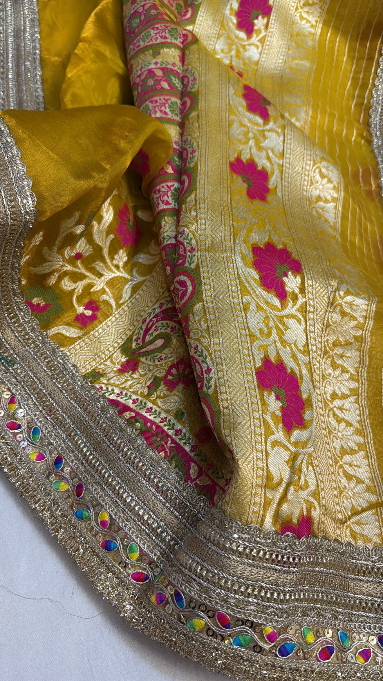 Maharani sunrise yellow tissue silk meenakari kadhwa gotapatti saree