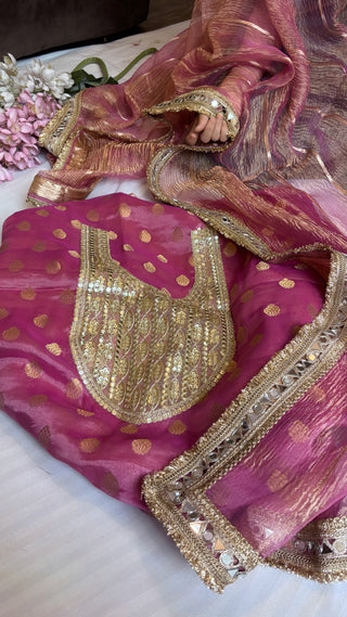 Hot pink heeramandi crushed tissue silk suit set