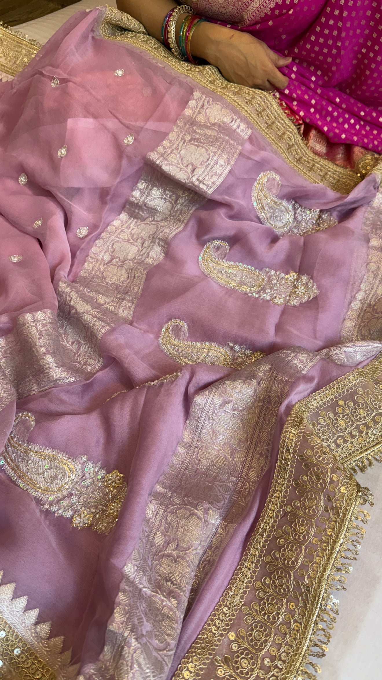 Paro banarasi chiffon gorgette hand embroidered kadhwa saree