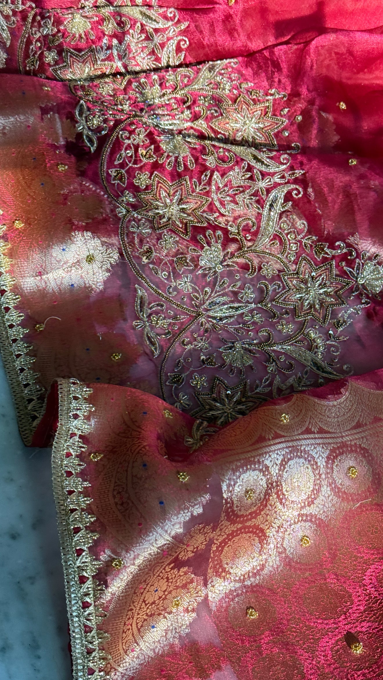 Teej special - Cranberry red tissue silk husn hand embroidered kadhwa saree