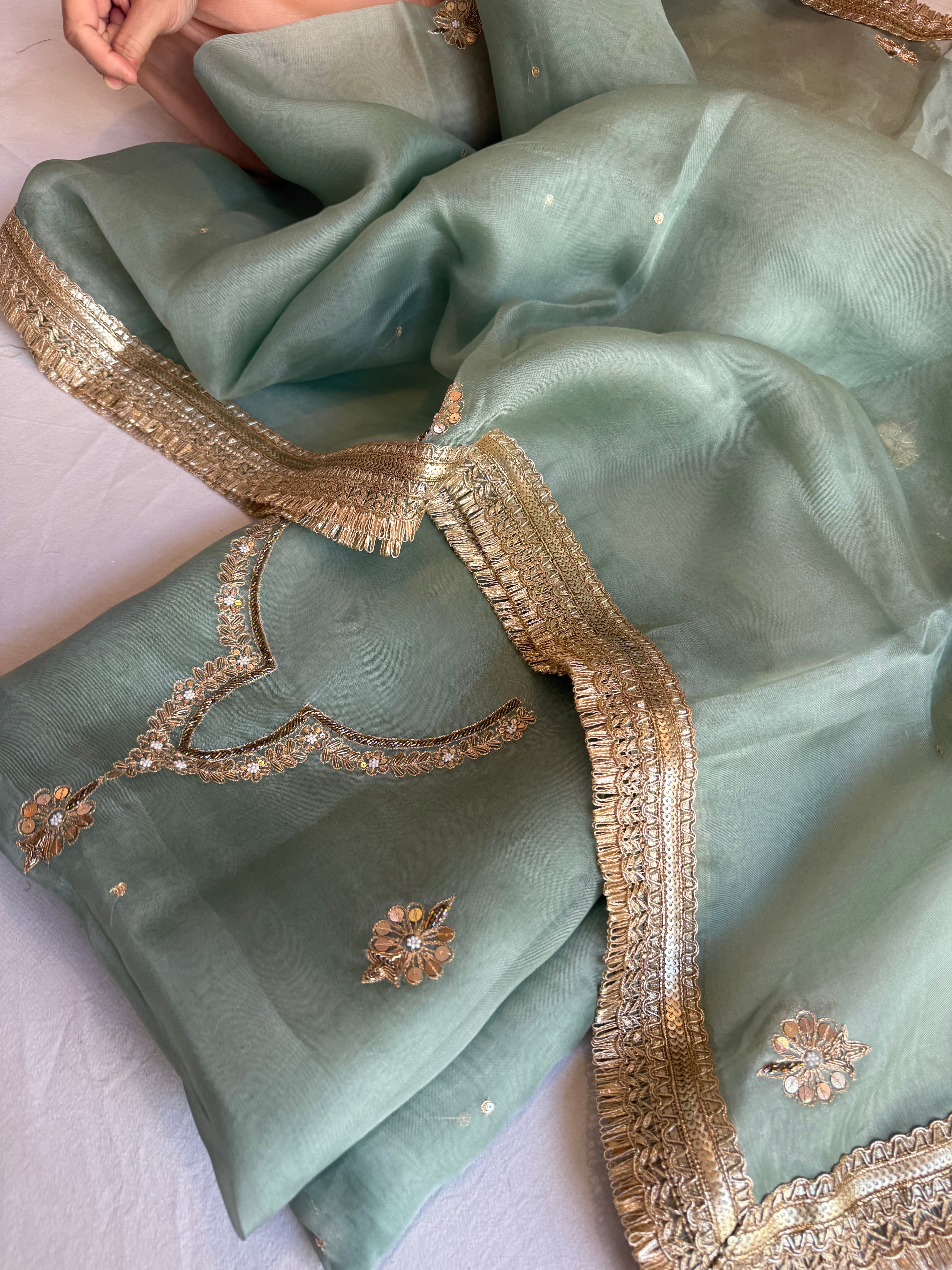 Aari and tilli hand embroidered kora silk teal green kadhwa suit set