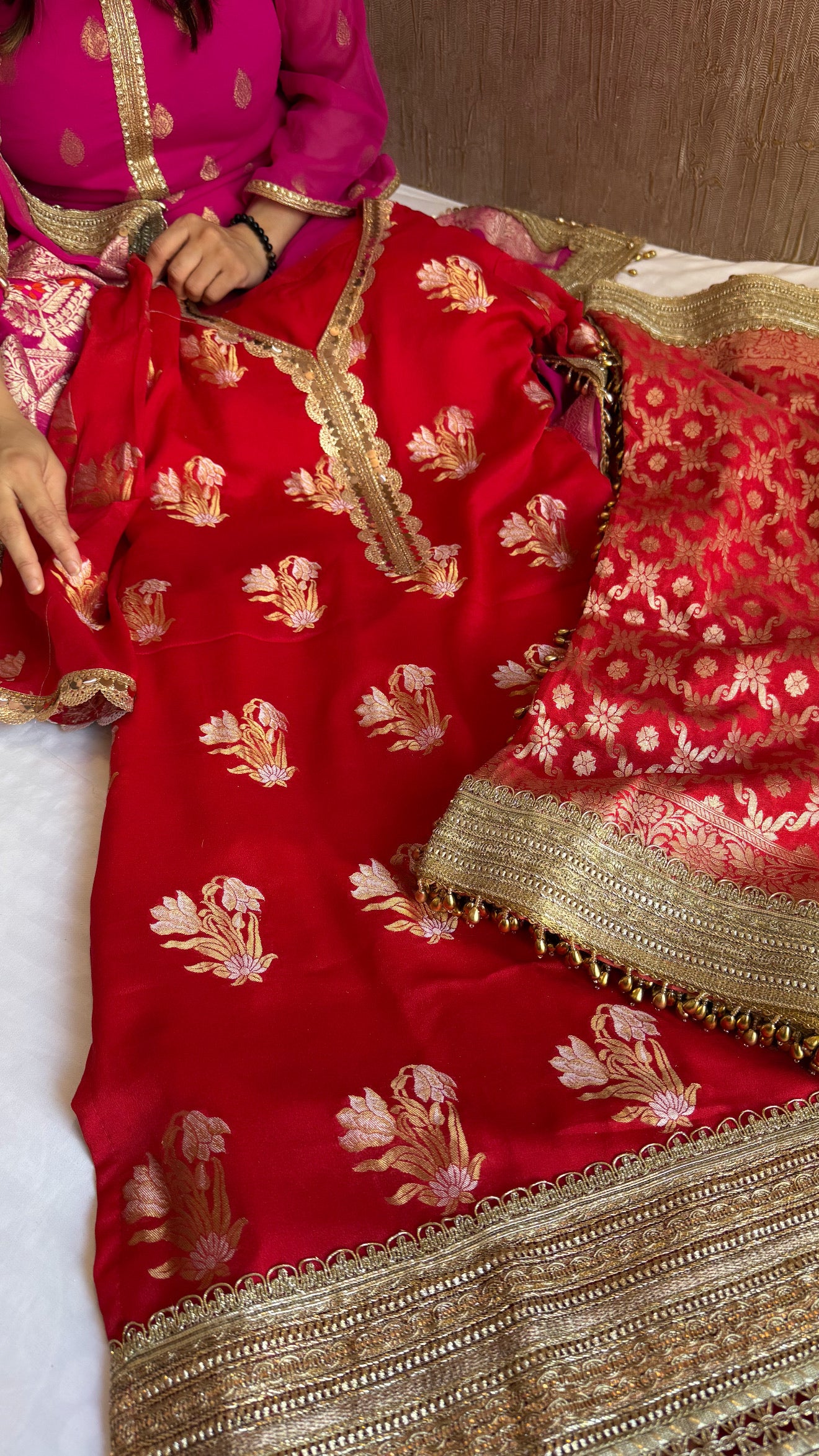 Pakistani drama inspired blood red banarasi gorgette semi-stitched kadhwa gotapatti suit set