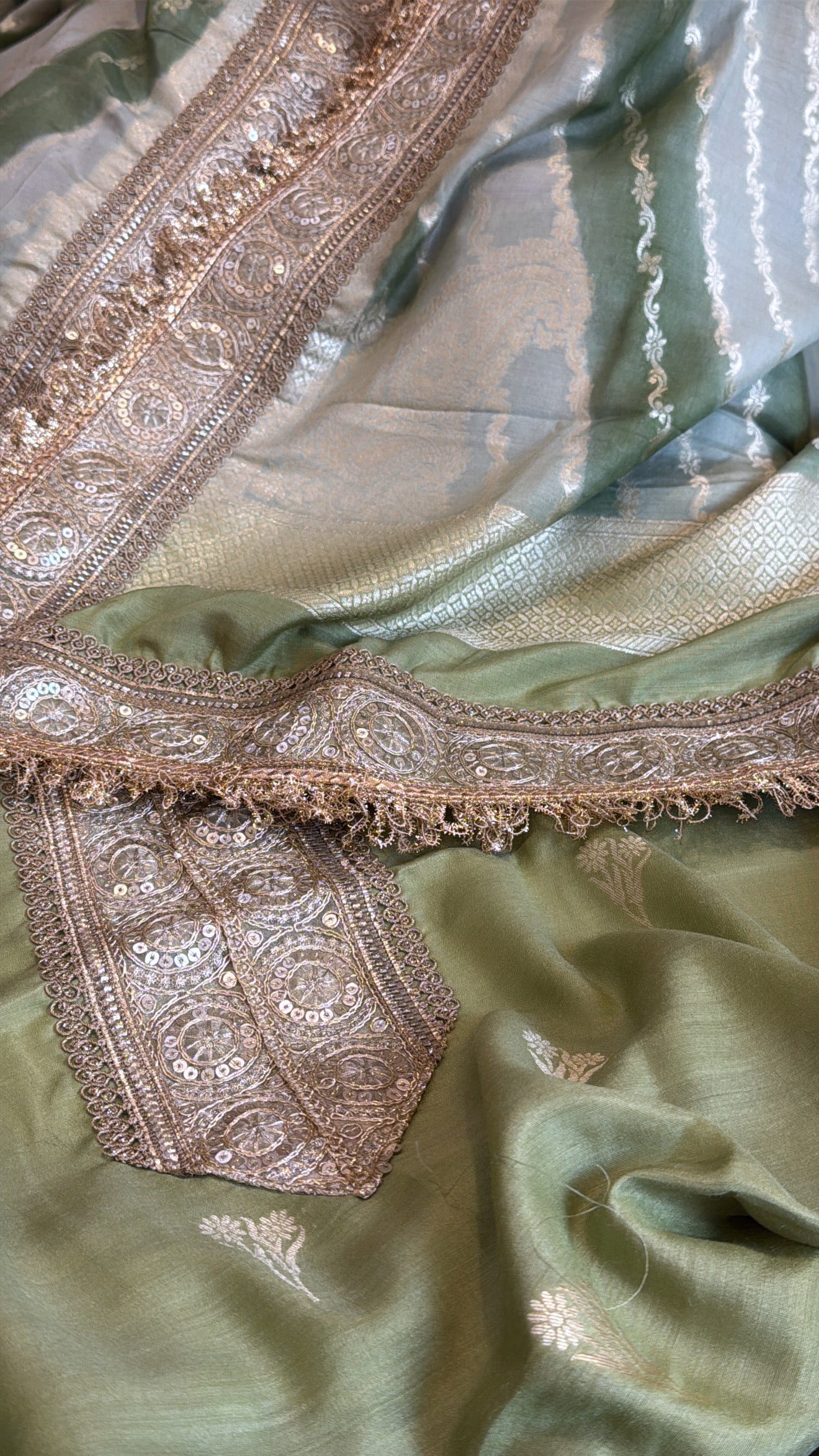 Sage green moonga silk rangkaat dye chaukadi weaving kadhwa suit set