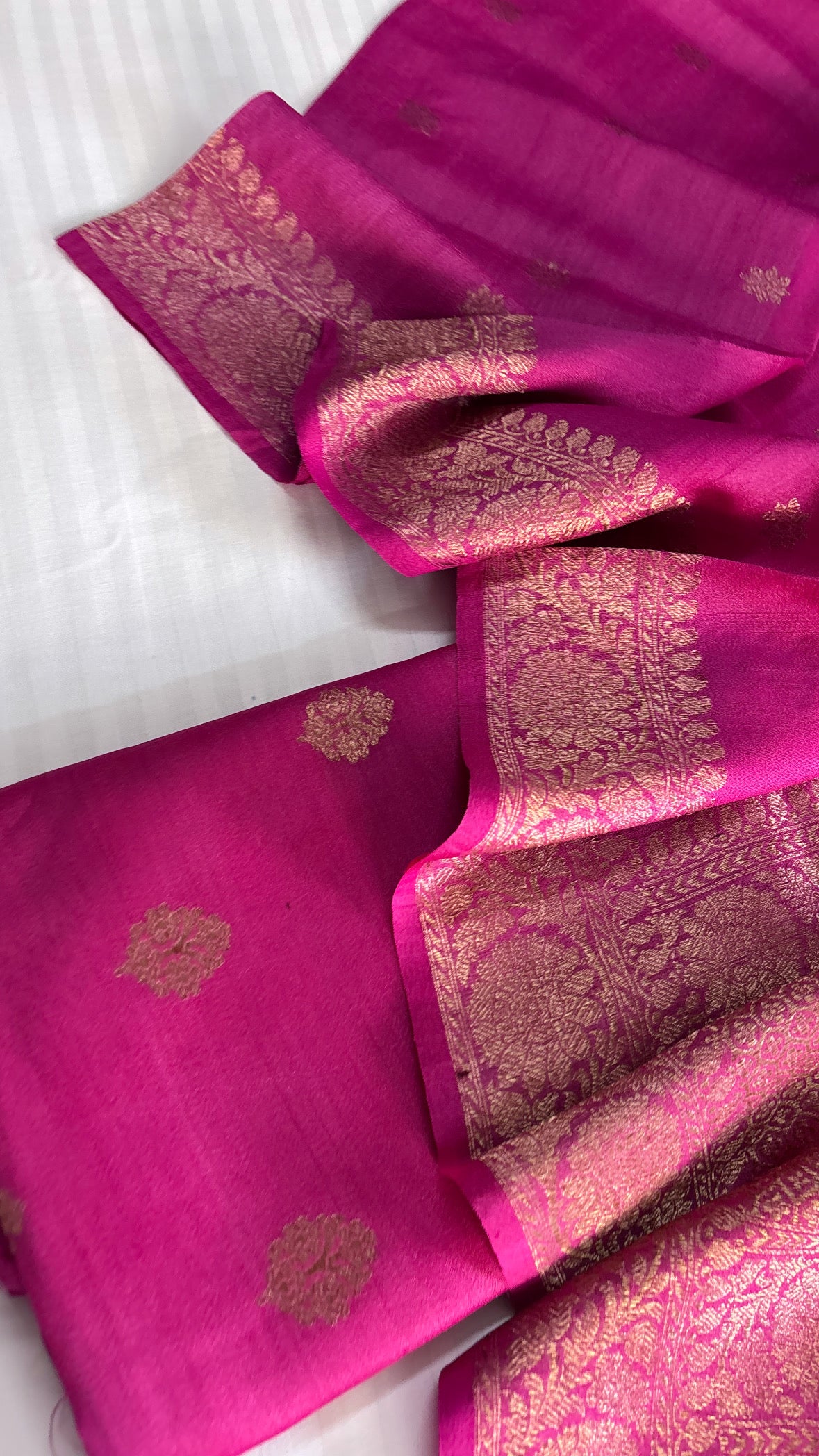 Banarasi tussar gorgette silk kadhwa hot pink suit set