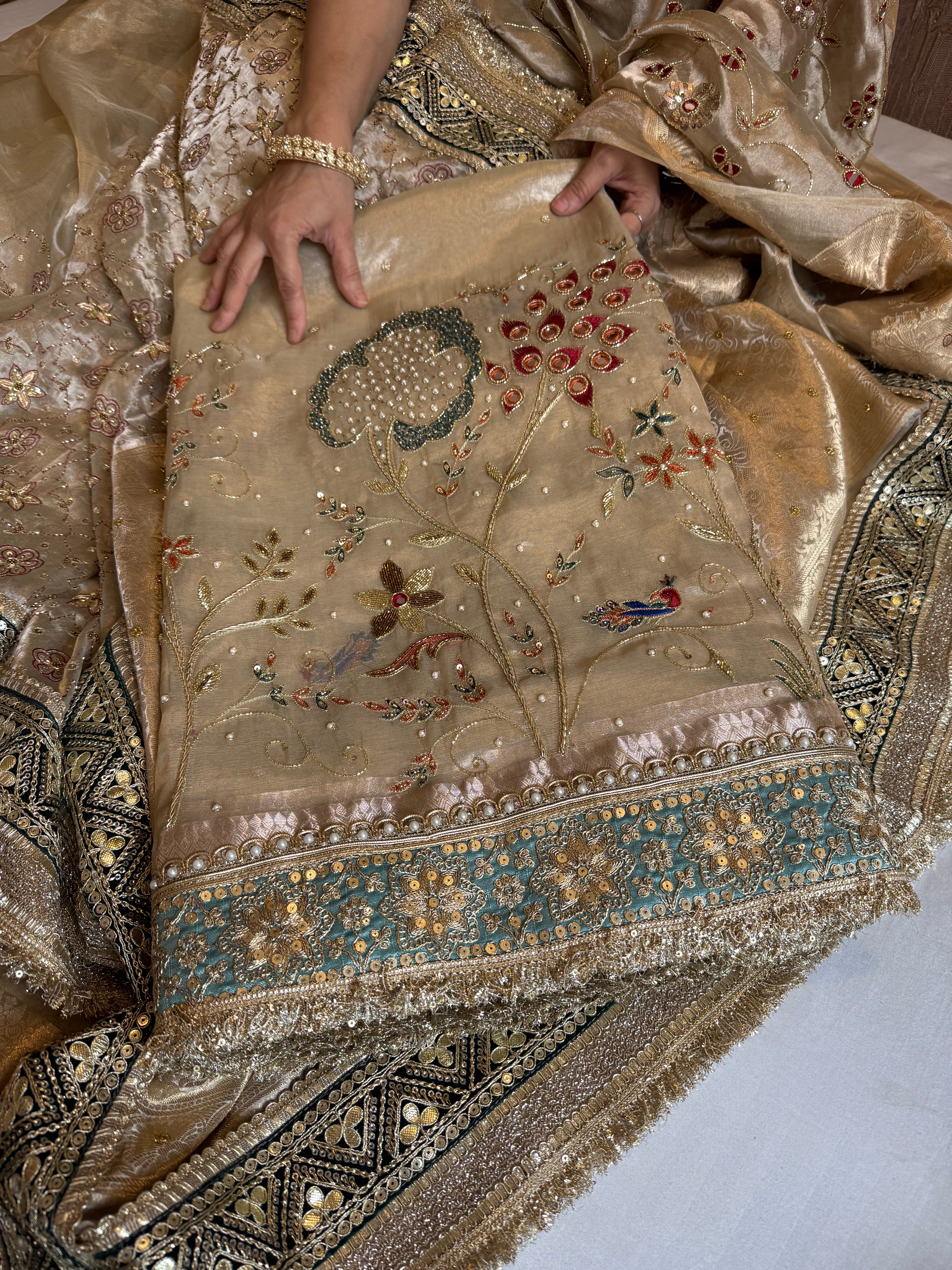 Kutchi inspired “sheesham edit” mirror work and meenakari hand embroidered saree