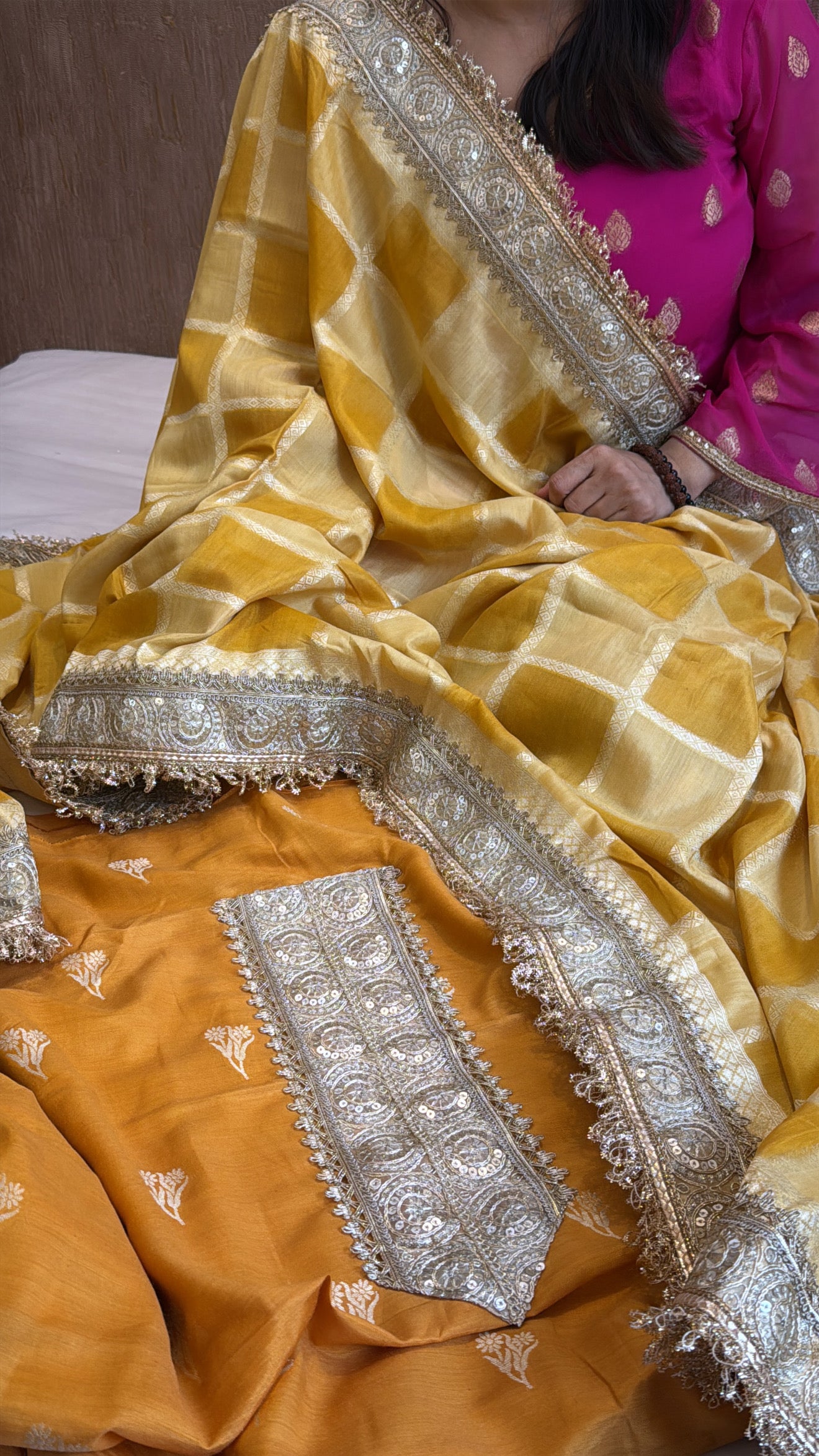 Mango yellow rangkat dye chaukadi weaving silk suit set