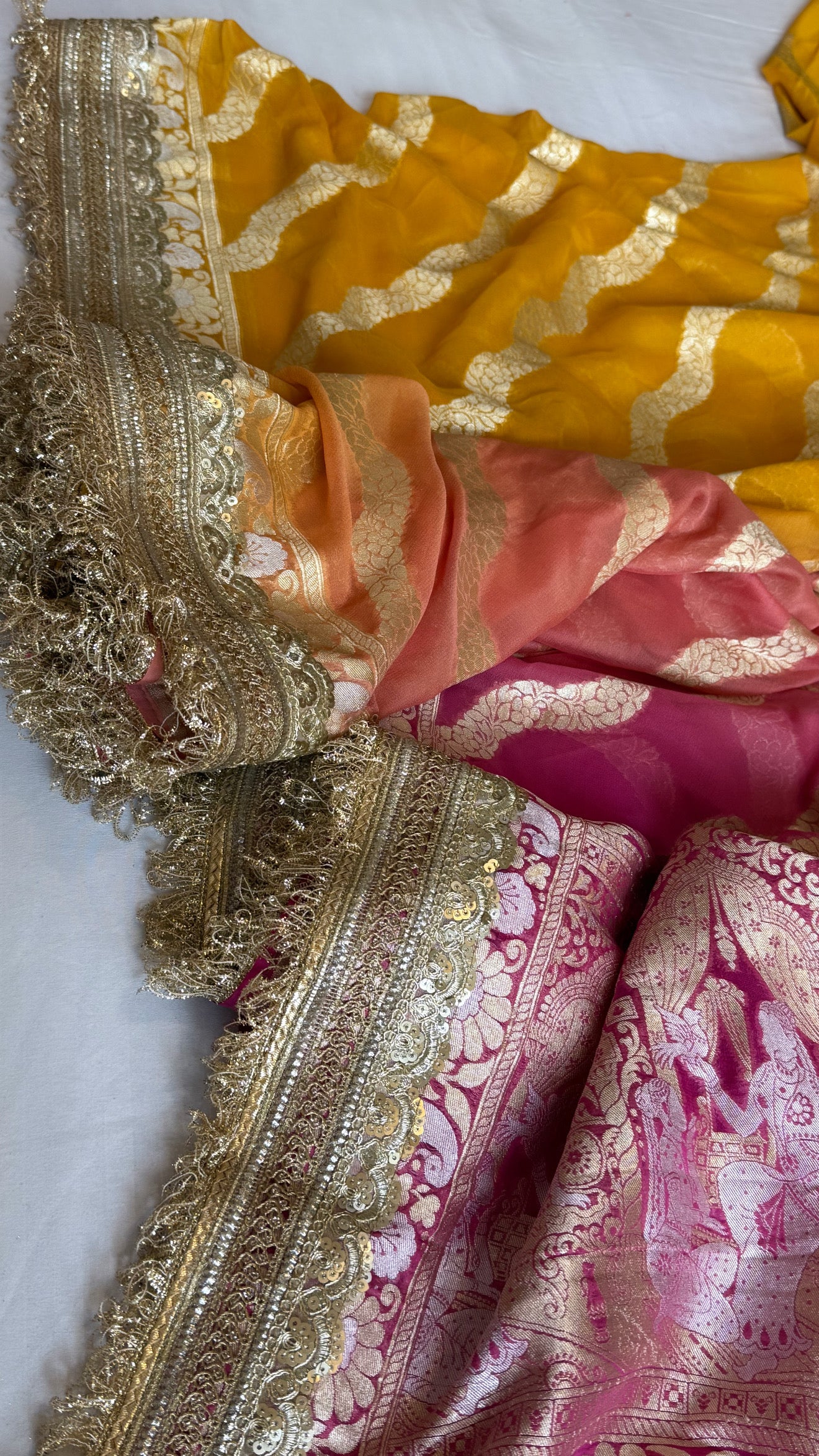 Gayatri devi inspired banarasi chiffon gorgette kadhwa shaded jungla saree