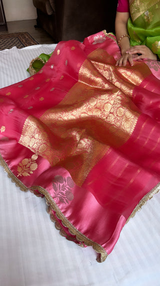 Cranberry pink shade leela kora silk saree with satin borders