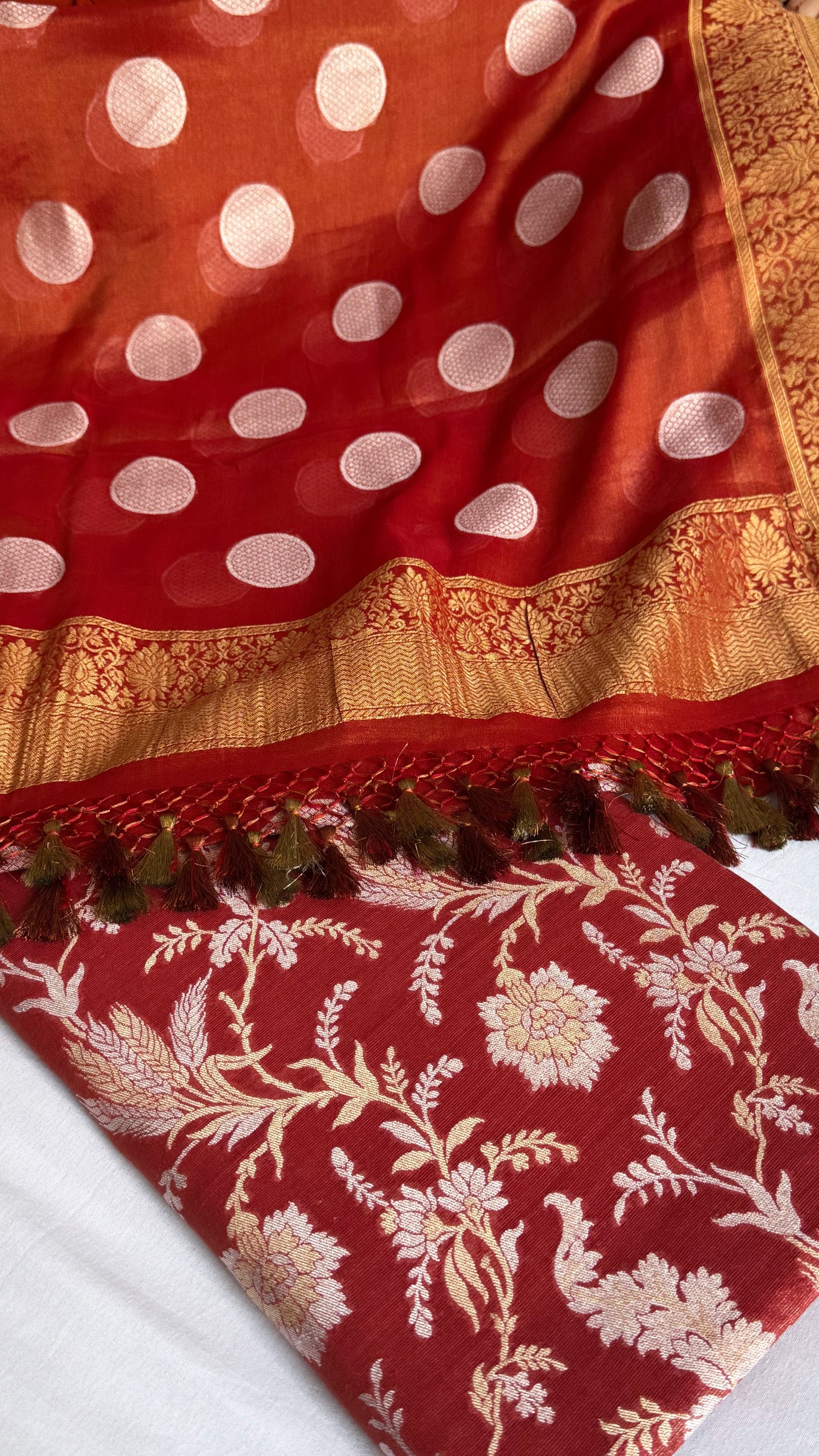 Rustic red tissue gorgette kadhwa sona rupa jungla suit set