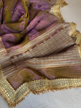 Lilac purple dhup chao effect pleated maharani tissue silk saree
