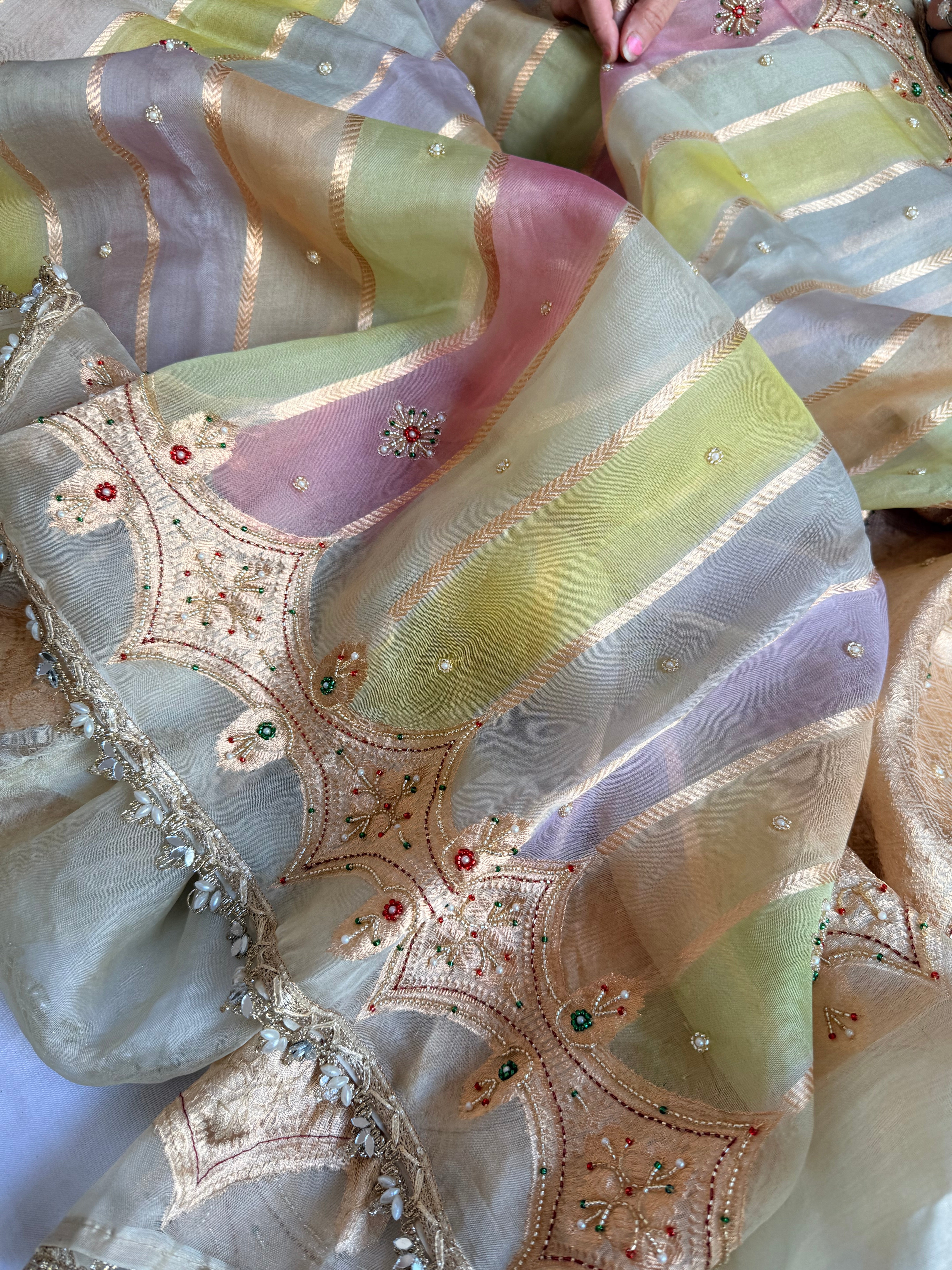 Rang birangi edit - Striped kora silk hand embroidered rangkaat saree