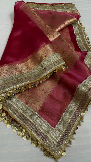 Maharani hot pink tissue silk kadhwa saree