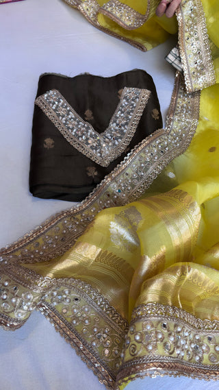 Banarasi kora silk olive gold-yellow gotapatti suit sets