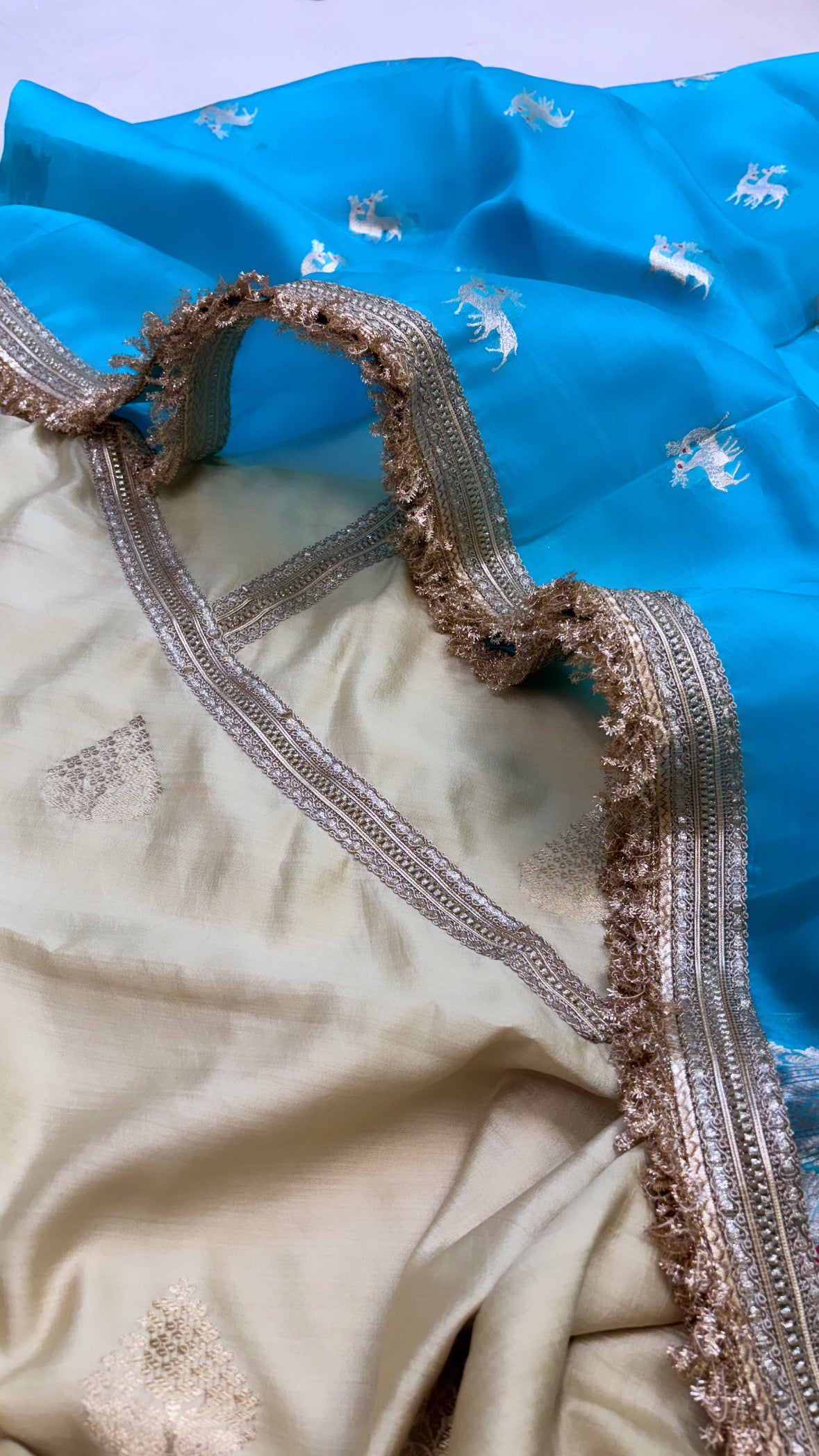 Heeramandi lime-firozi blue silk hand embroidered suit set