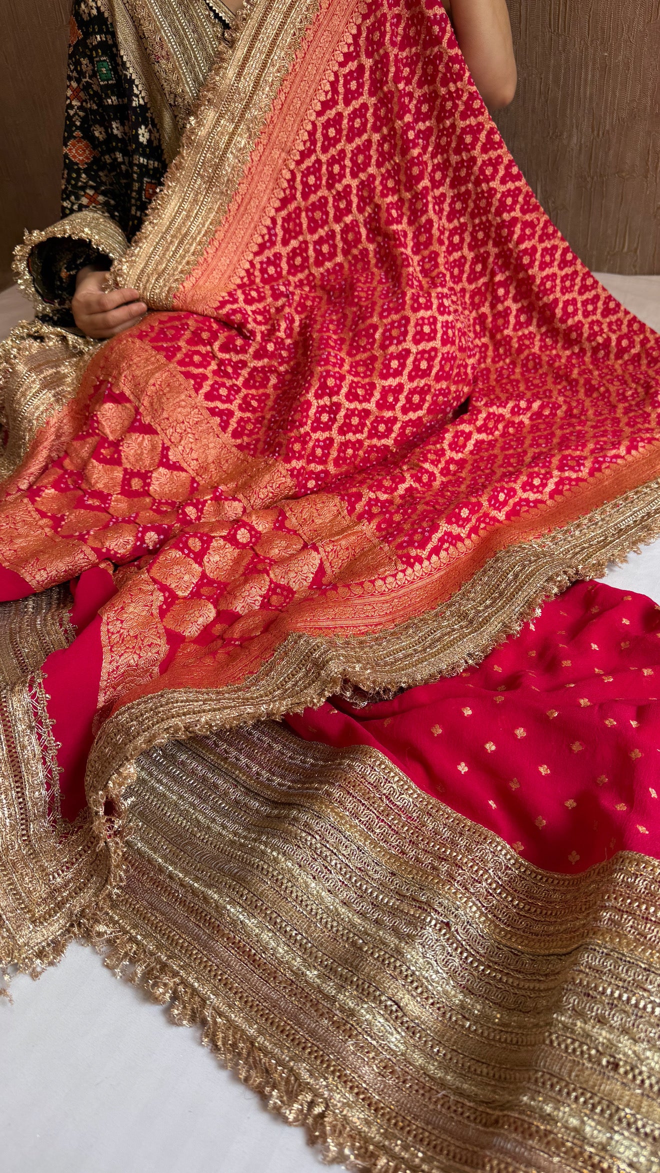 Rani pink banarasi rai bandhej gorgette gotapatti suit set