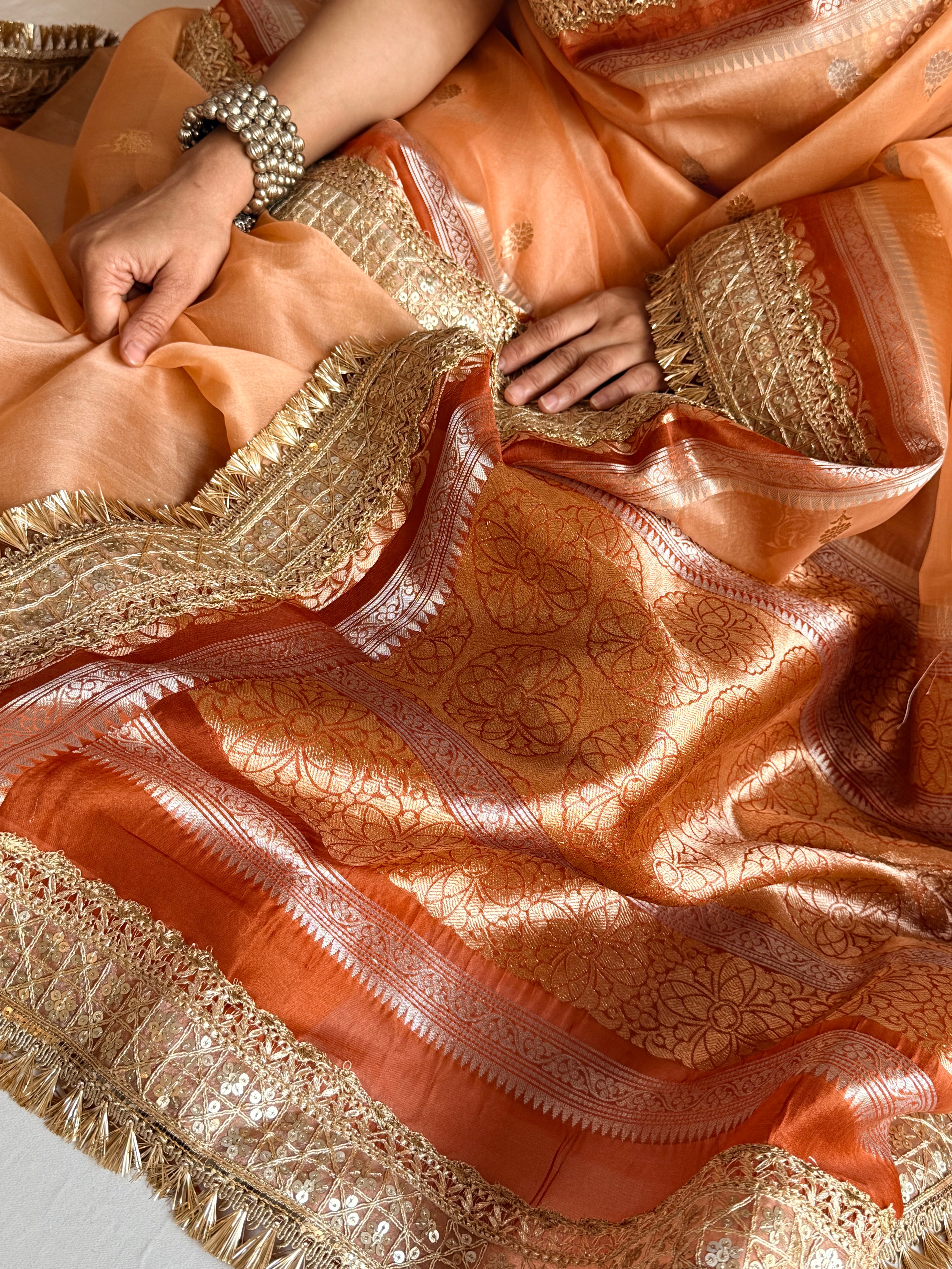 Leela banarasi kora silk peach-red combination saree