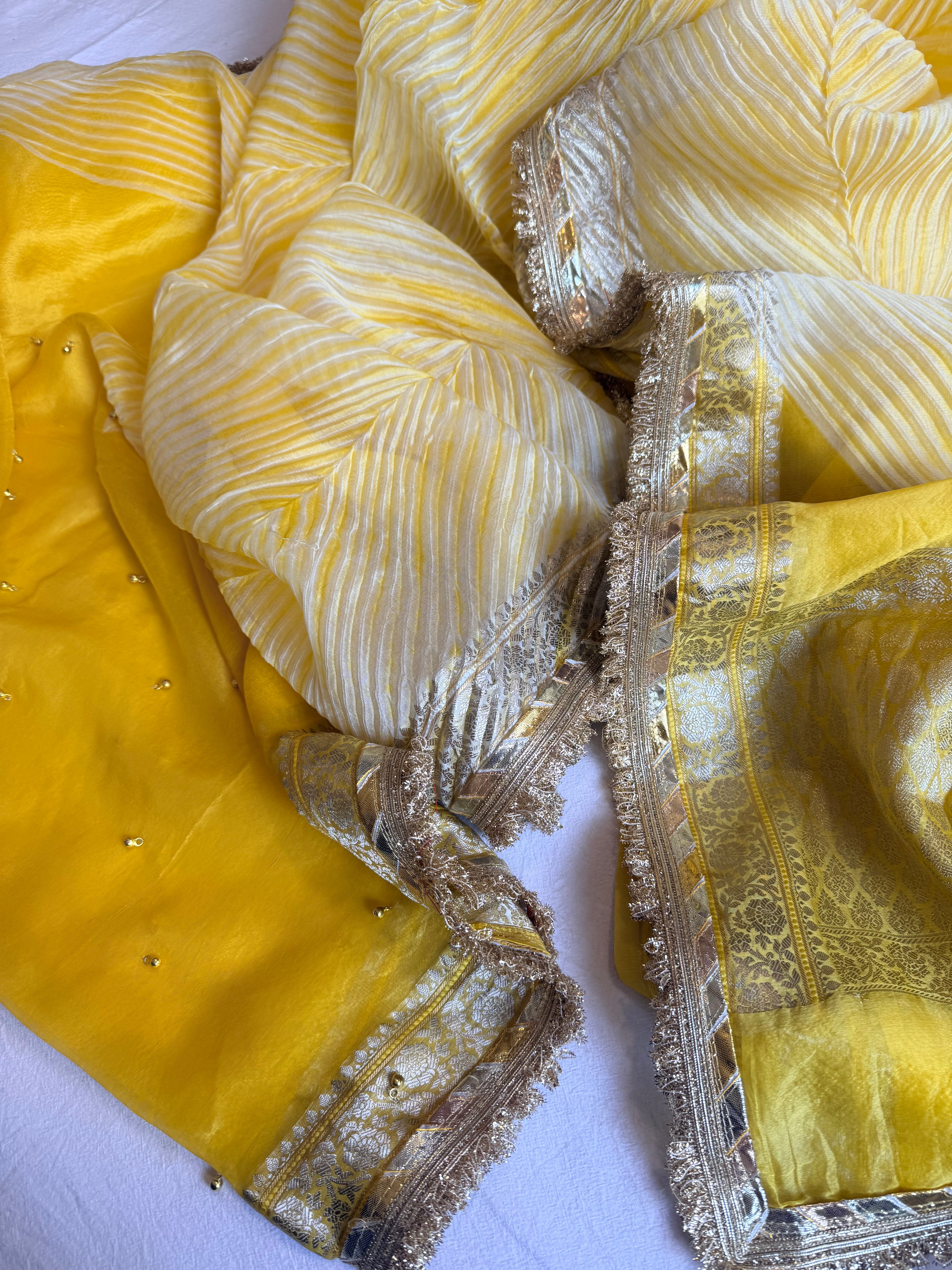 Arshi dye ghungro work kora silk banarasi kadhwa weaving saree