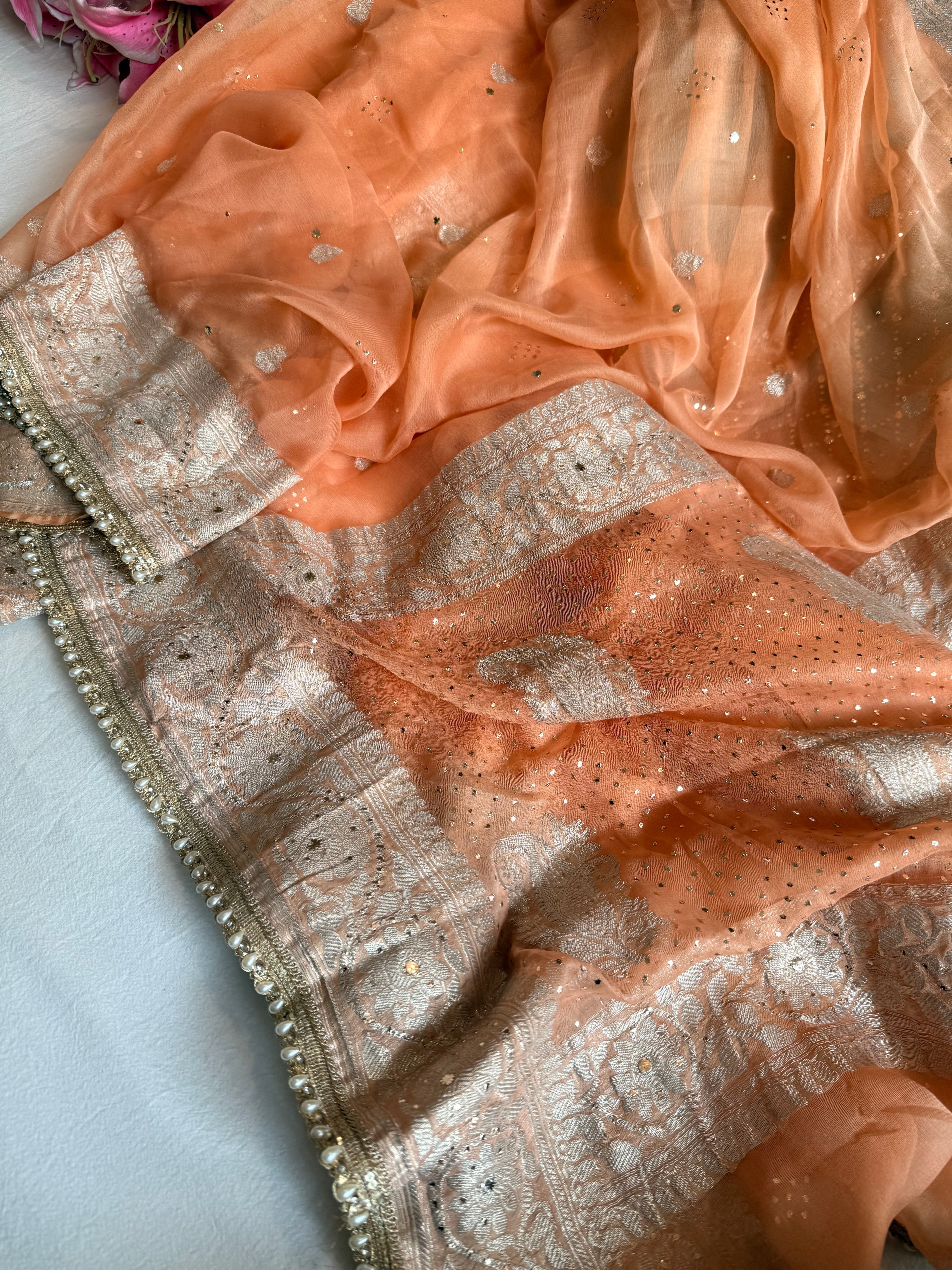 Chiffon gorgette banarasi peach mukaish work hand embroidered saree