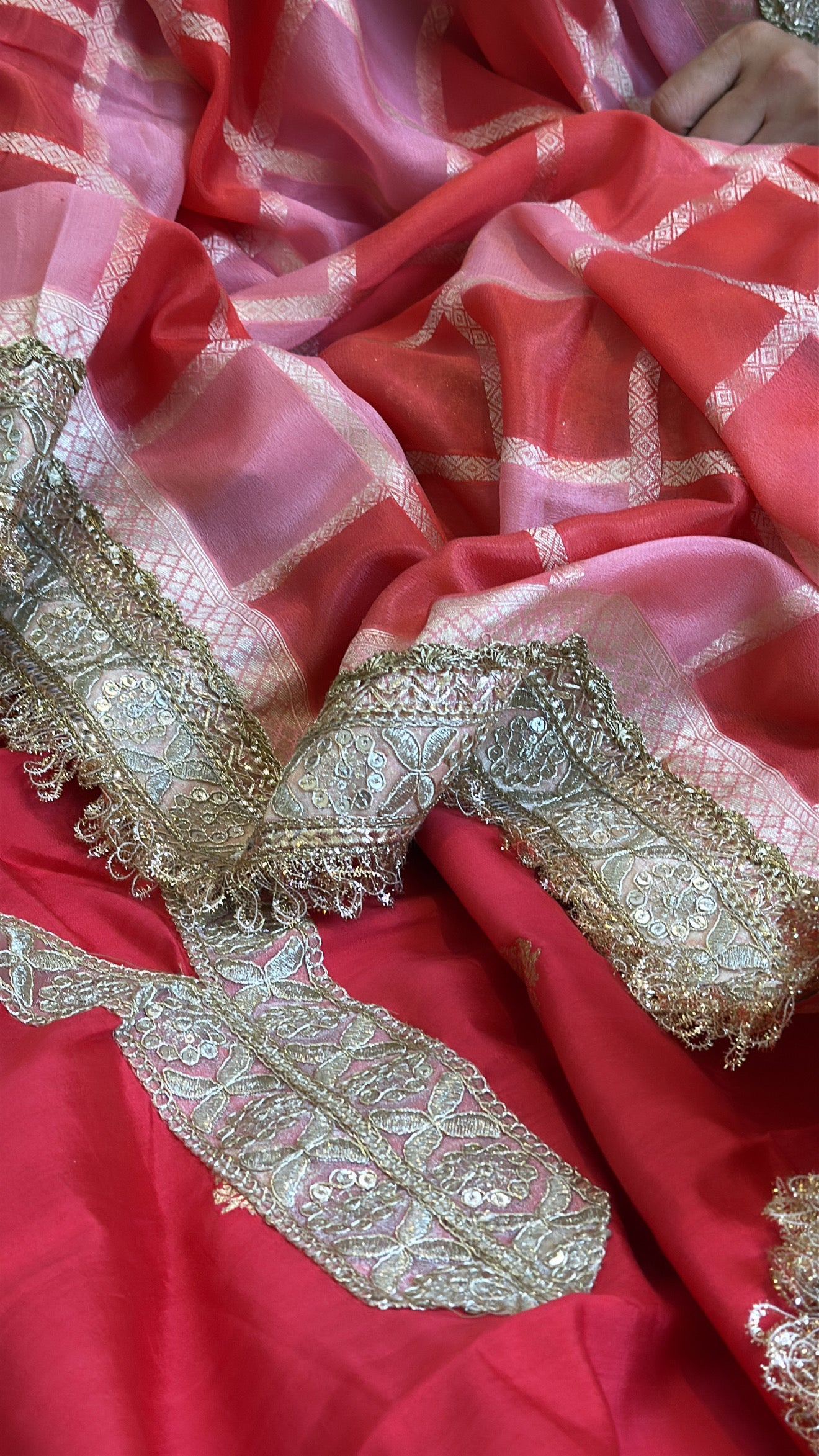 Tomato red moonga silk rangkaat dye chaukadi weaving silk suit set