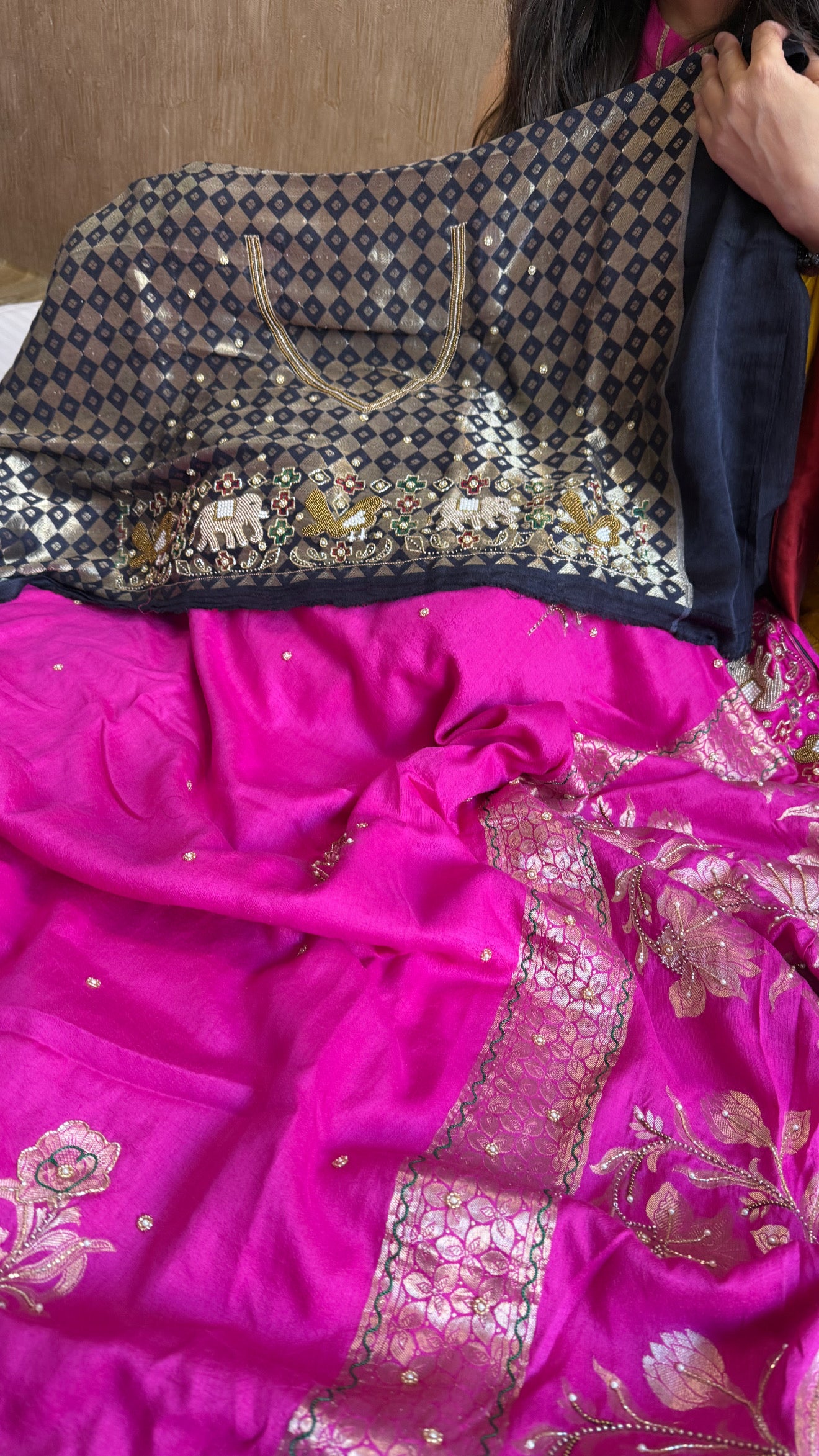 Moonga silk fusion saree with double ikkat patola inspired hand embroidered saree