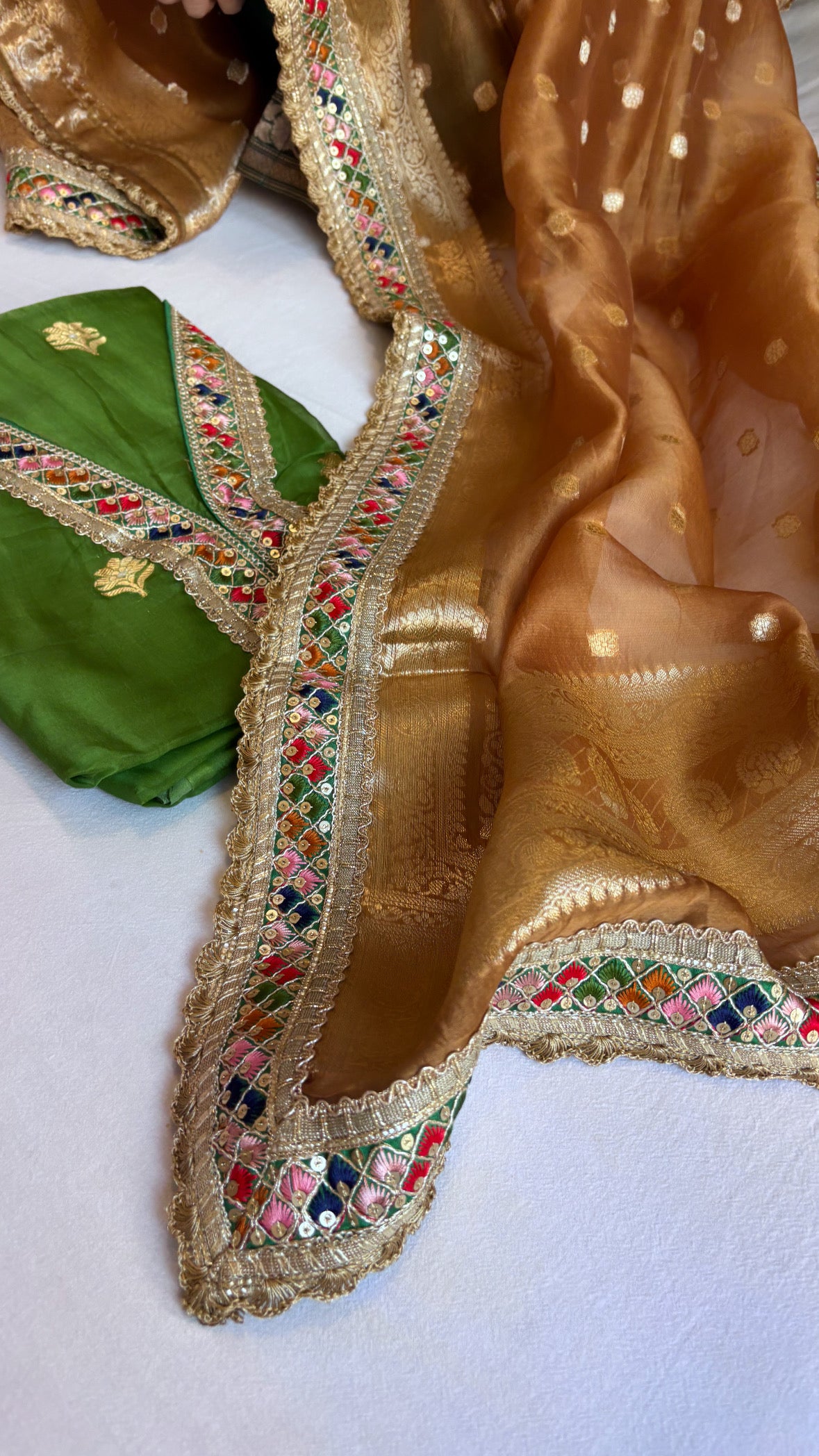 Banarasi green-brown kora silk combination gotapatti suit sets