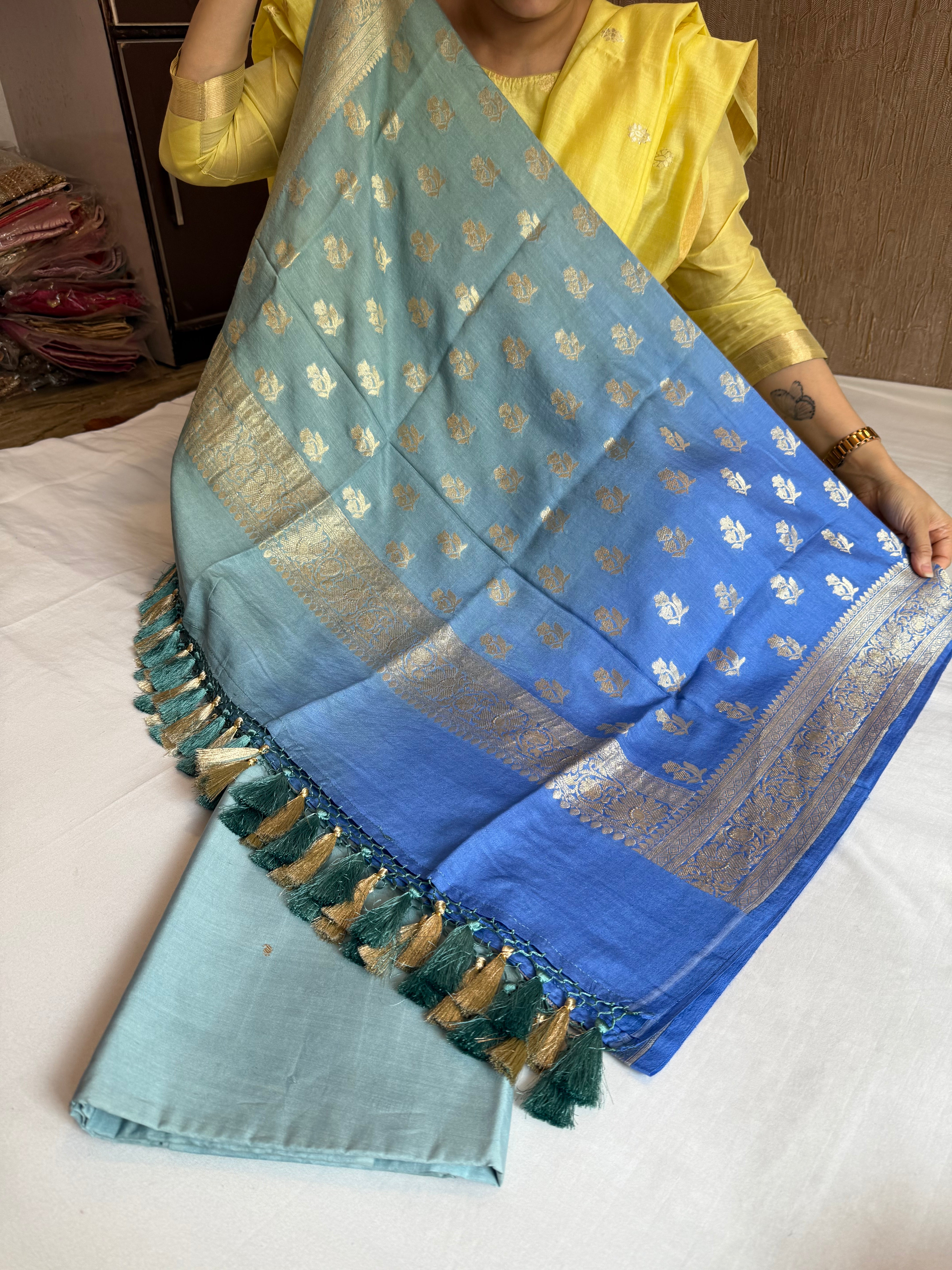 Persian sea blue ombre shaded moonga silk kadhwa buti suit sets