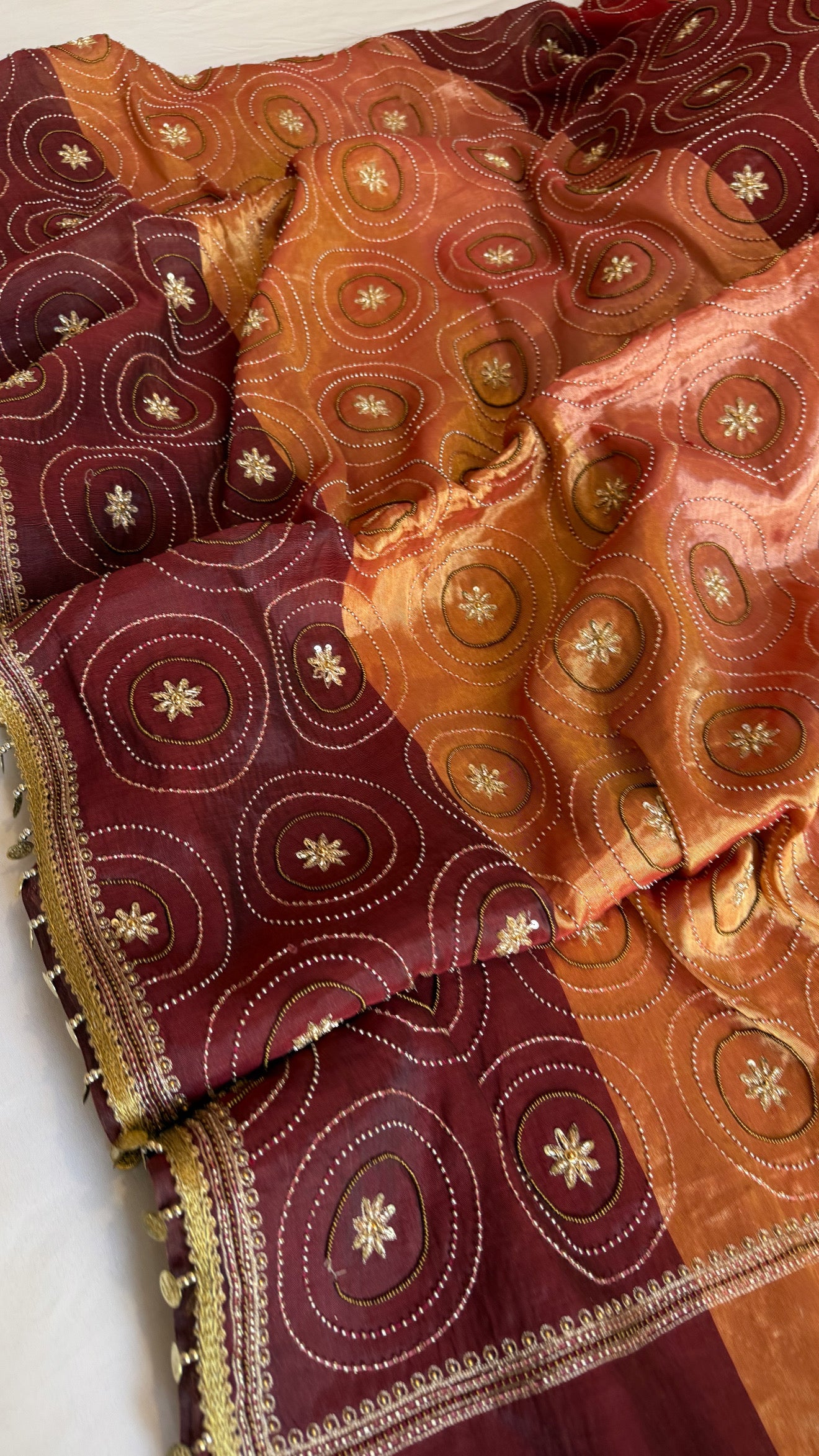 Multicolour double tissue silk heavy hand embroidered kadhwa jaal saree