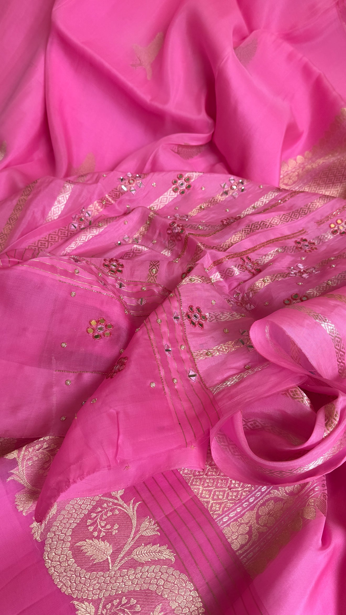 Strawberry pink banarasi kora silk hand embroidered saree