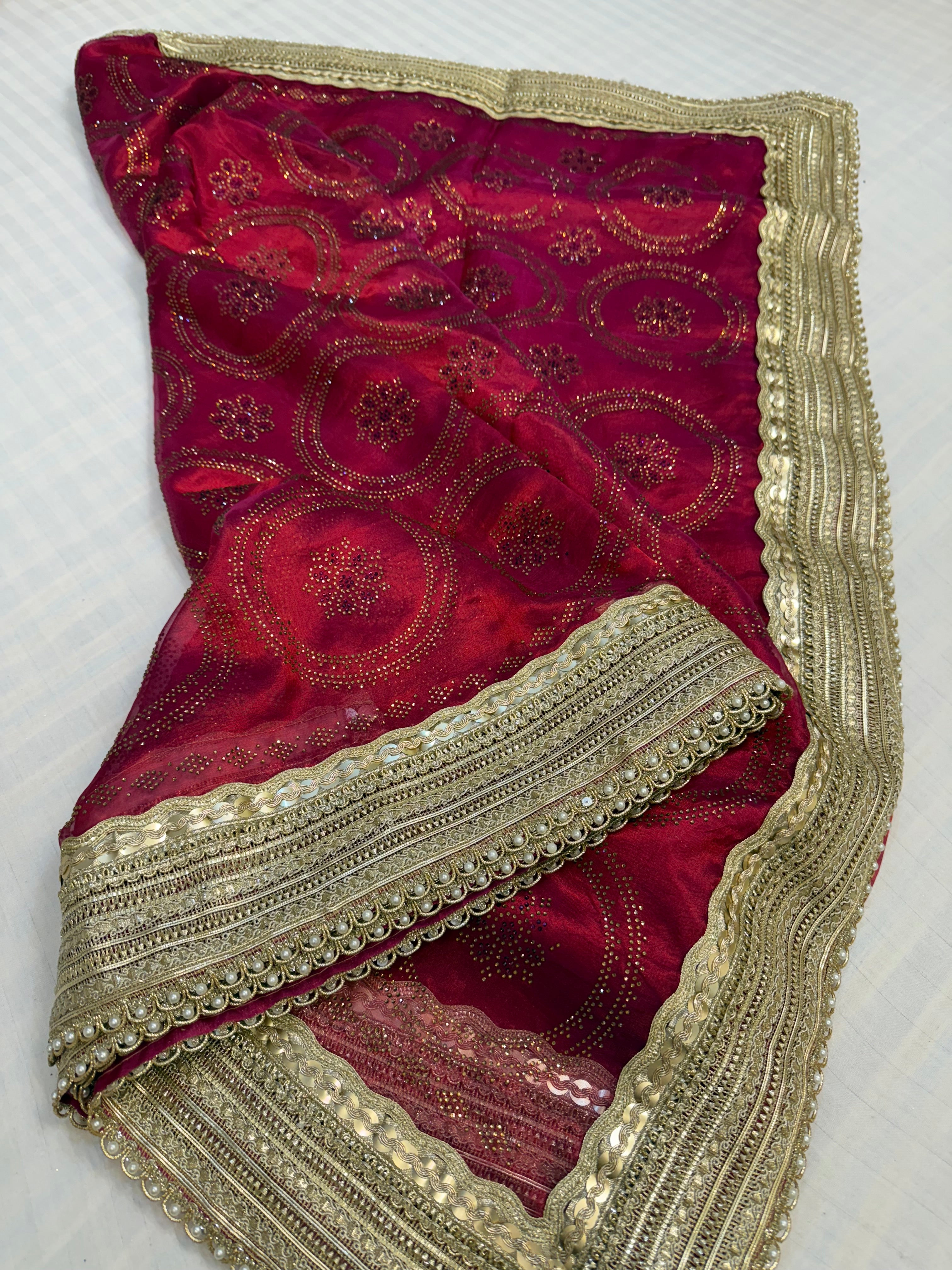 Sitara stonework cranberry red tissue silk gotapatti saree