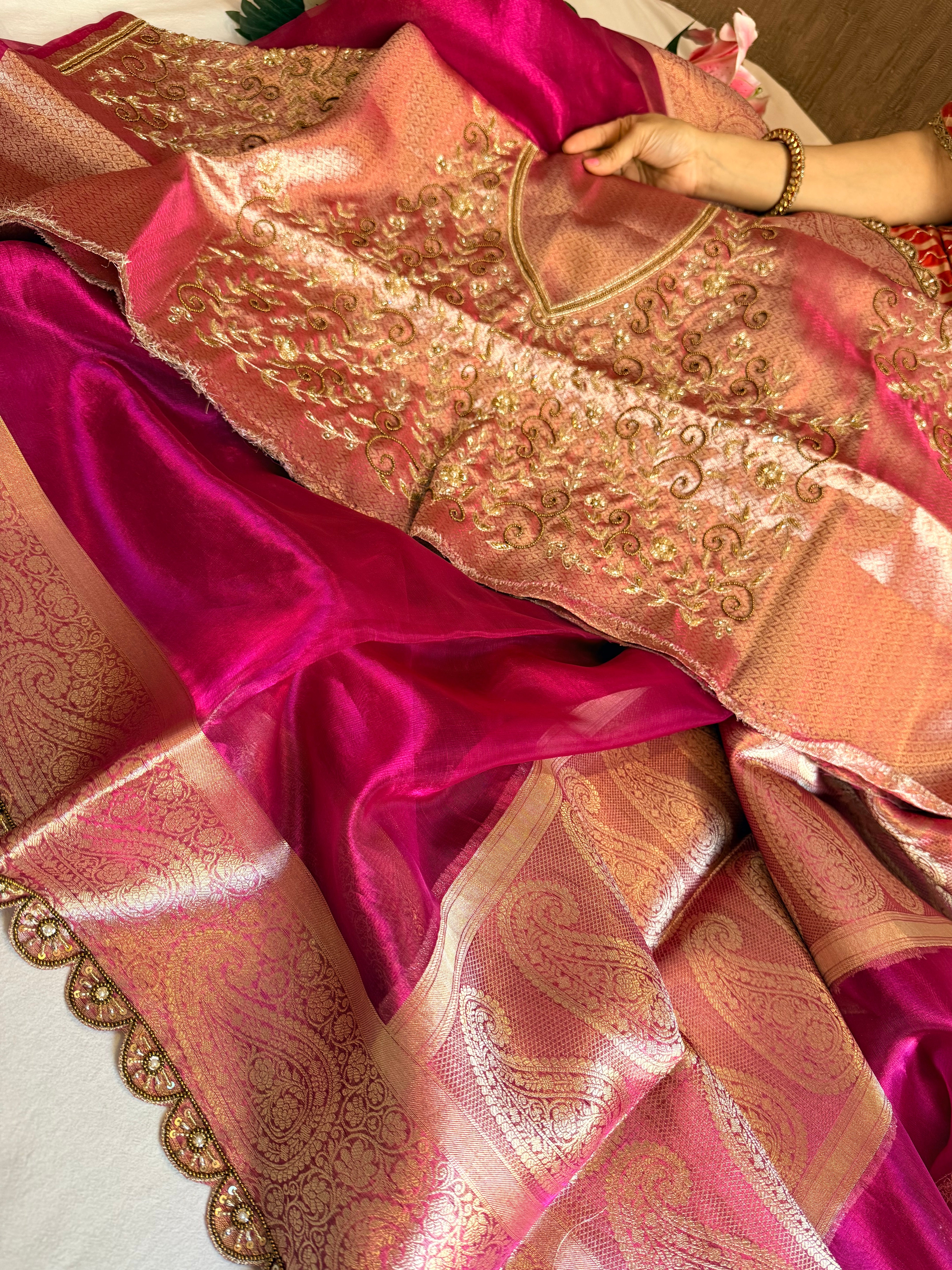 Metallic rani pink husn tissue silk hand embroidered saree with heavy blouss