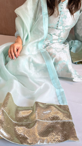 Ice blue cotton handloom kadhwa silver jari jungla kurta paired with gotapatti kora silk duppata set