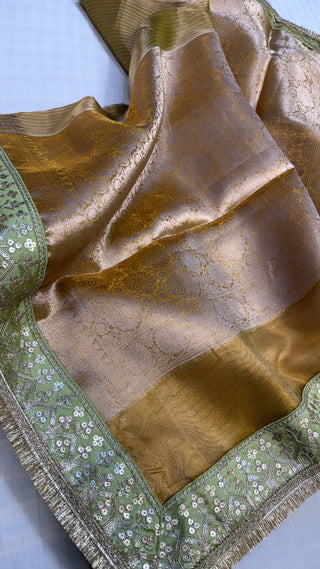 Lime green maharani tissue silk meenakari border saree