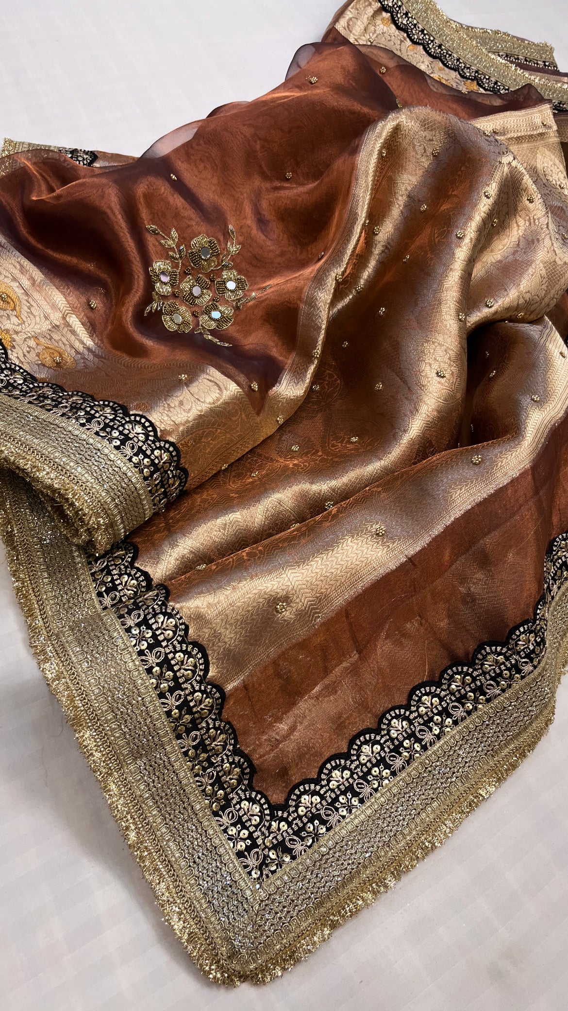 Husn chocolate brown tissue silk hand embroidered saree
