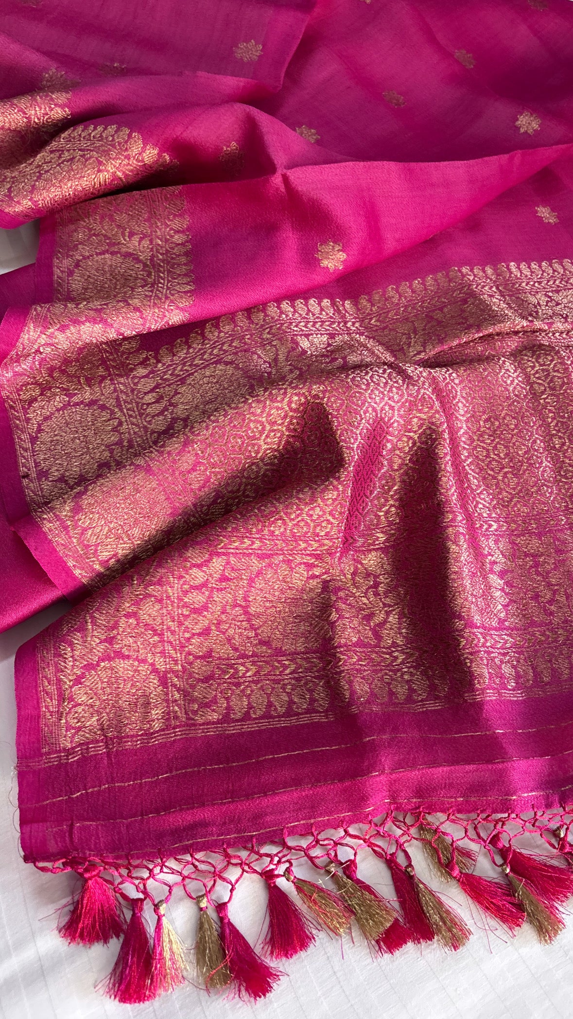 Banarasi tussar gorgette silk kadhwa hot pink suit set