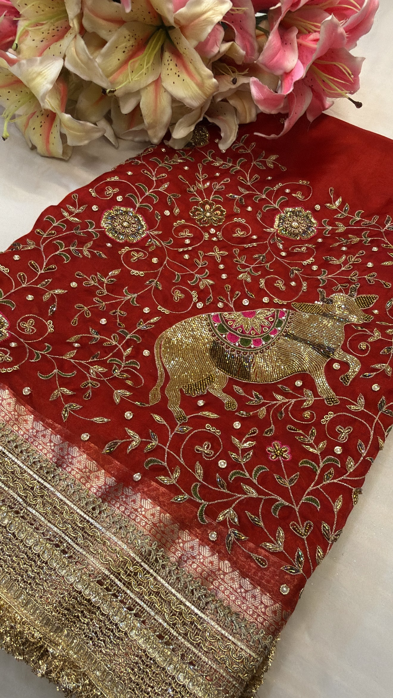 Blood red tissue silk nandi motif zardozi work hand embroidered saree