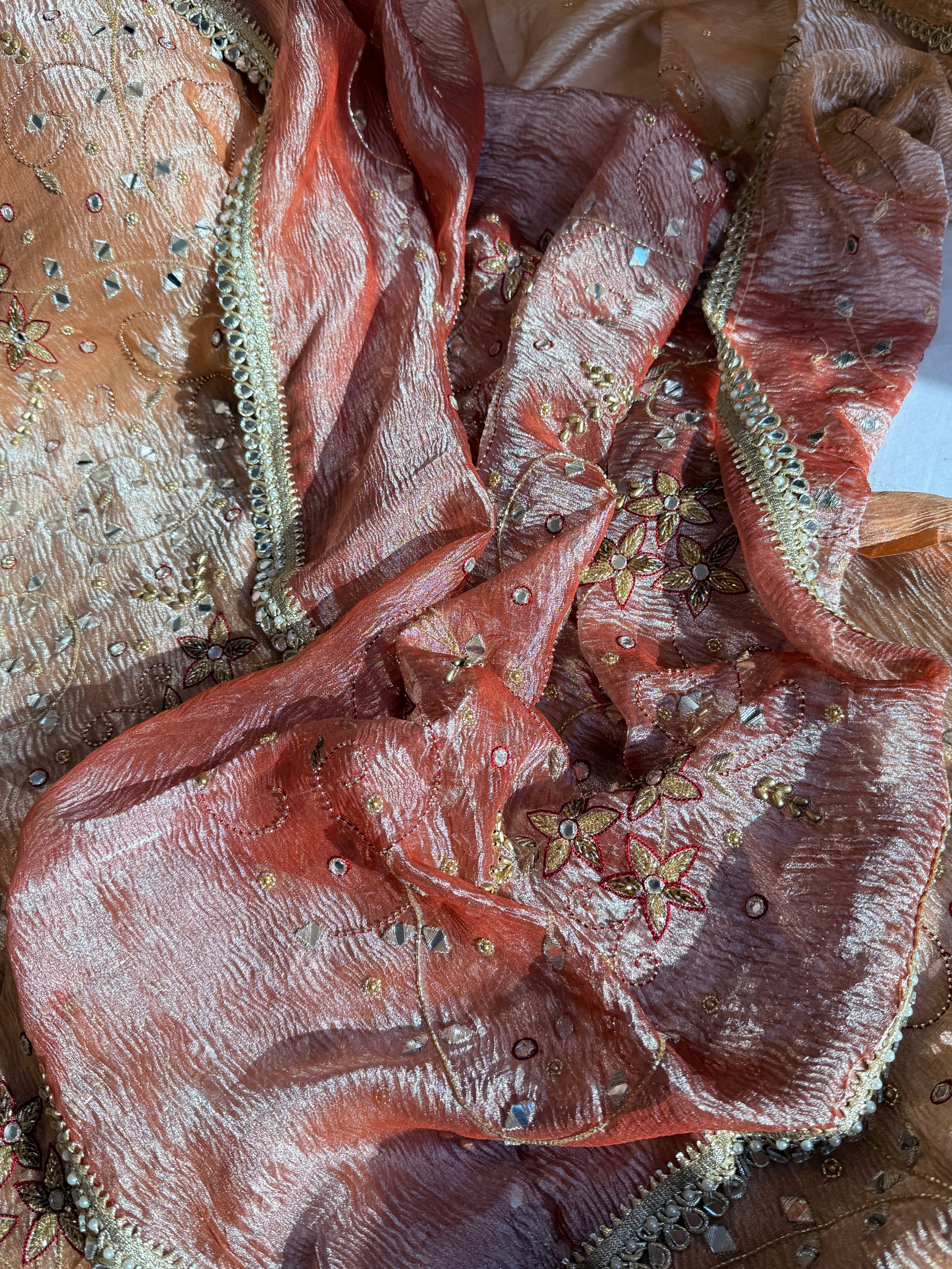 Banarasi tissue silk mirrorwork hand embroidered crushed suit sets