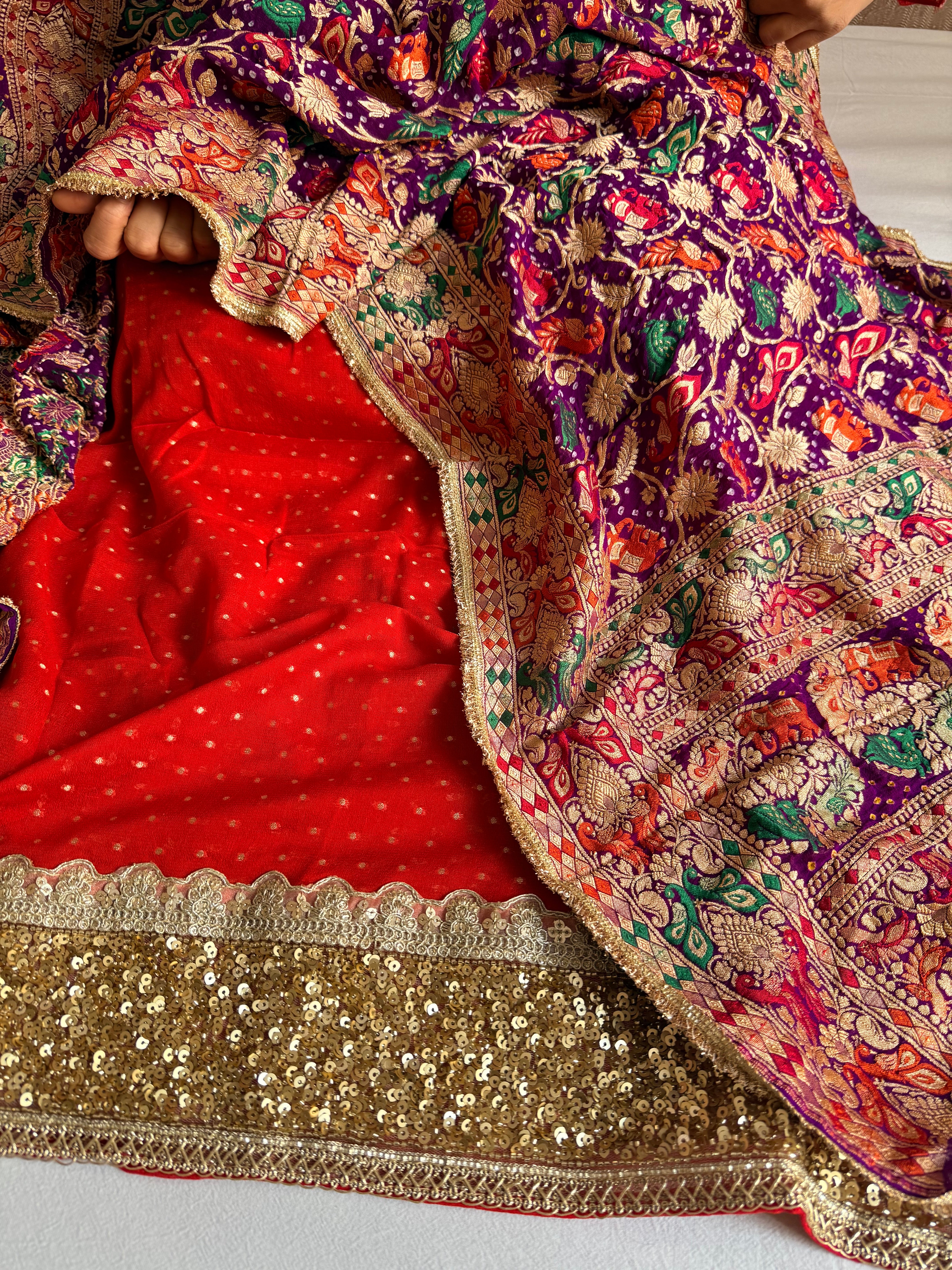 Rai bandhej chiffon gorgette sequin work hand embroidered suit set