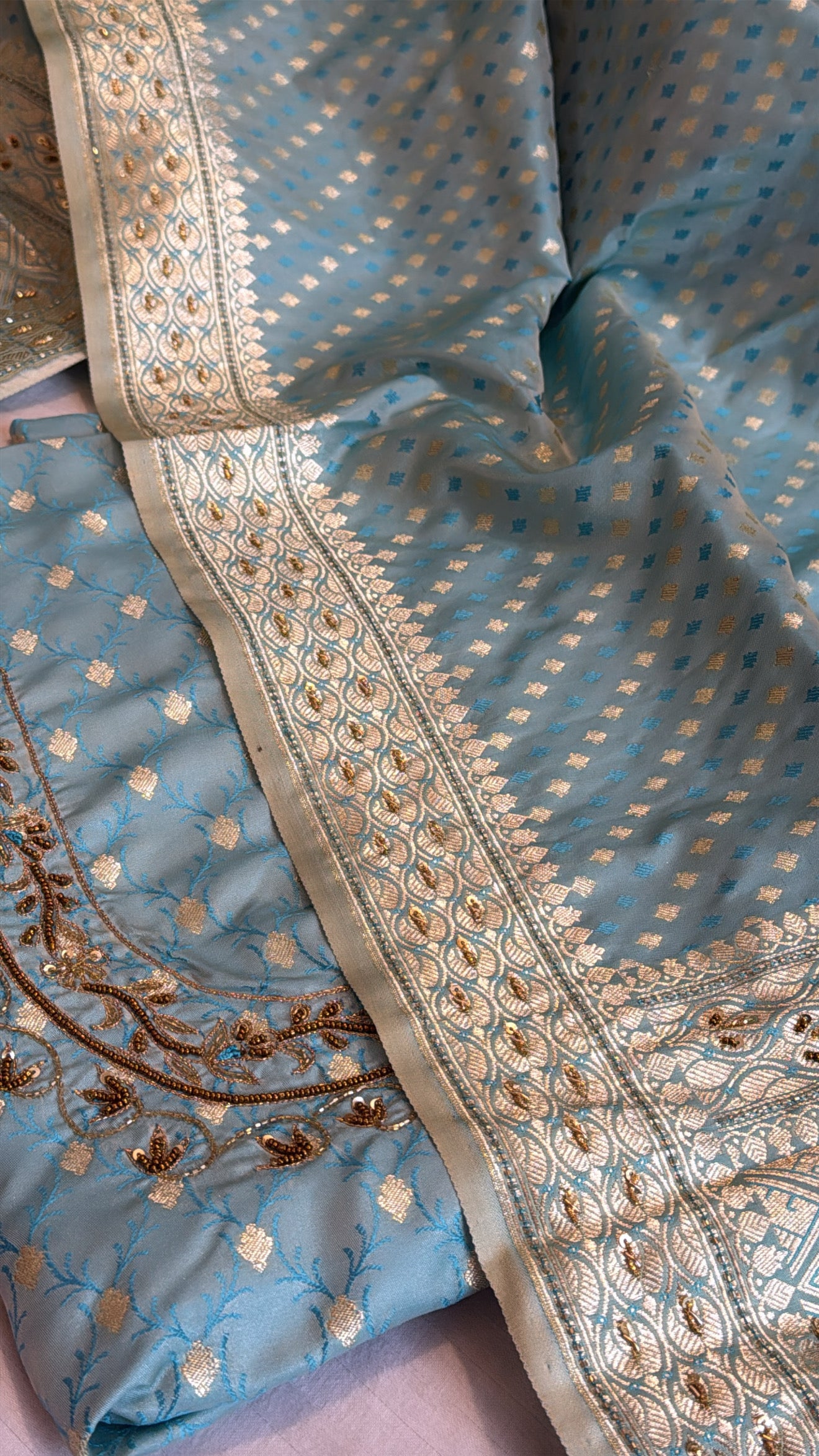Blush blue mashru silk hand embroidered suit sets