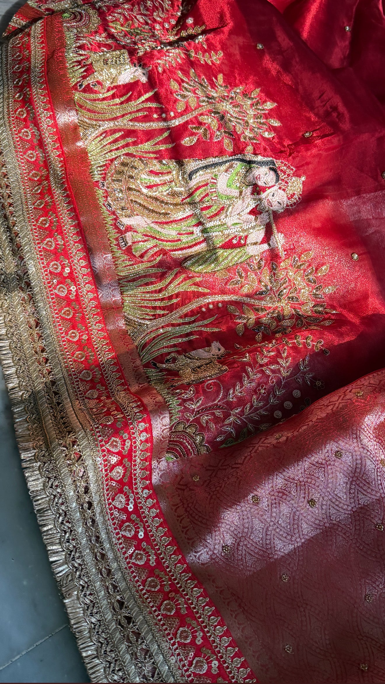 Teej special - Blood metallic red radha krishna hand embroidered kadhwa saree