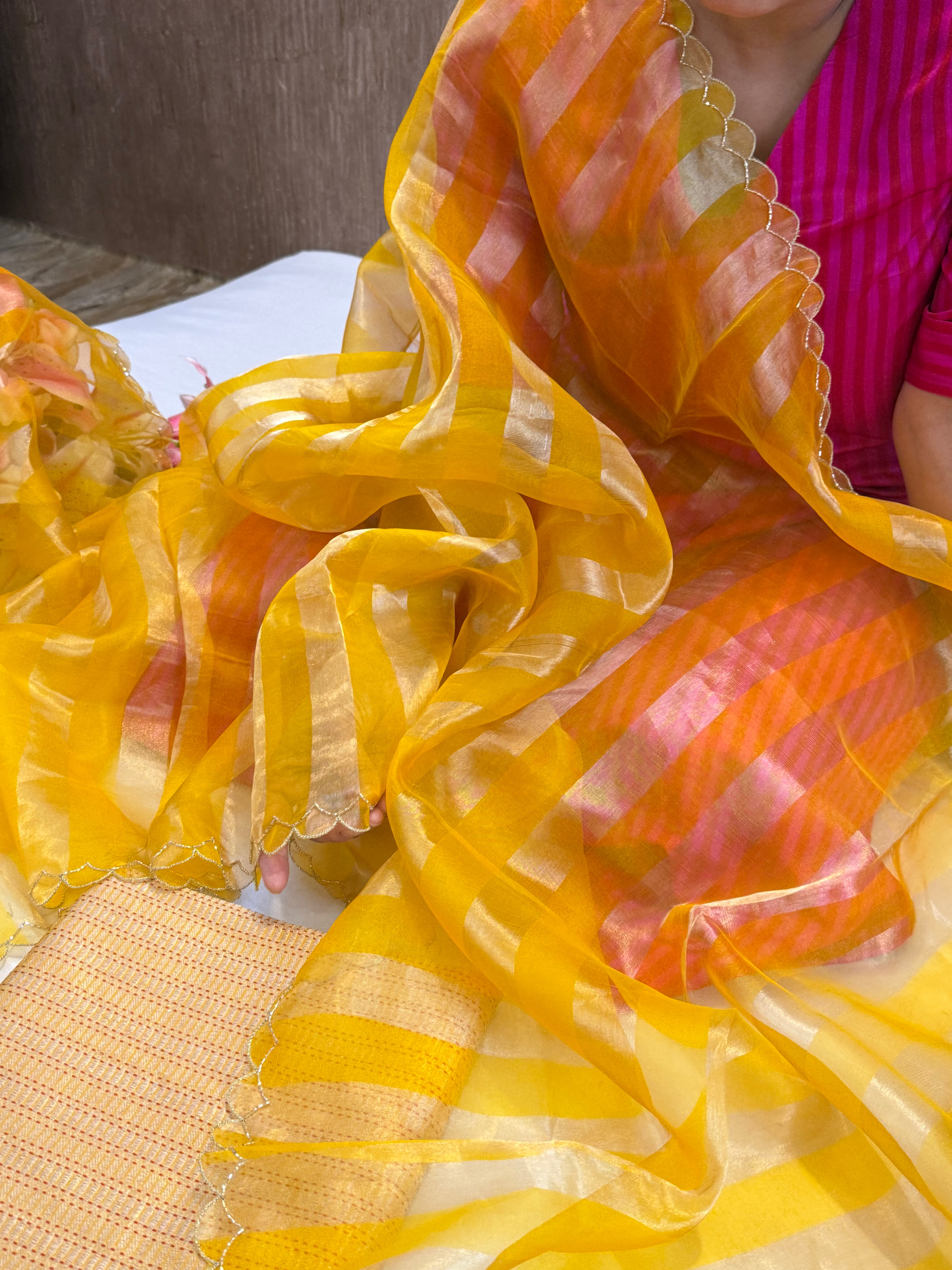 Haldi yellow katan silk brocade kurta paired with kora tissue scalloped striped duppata set